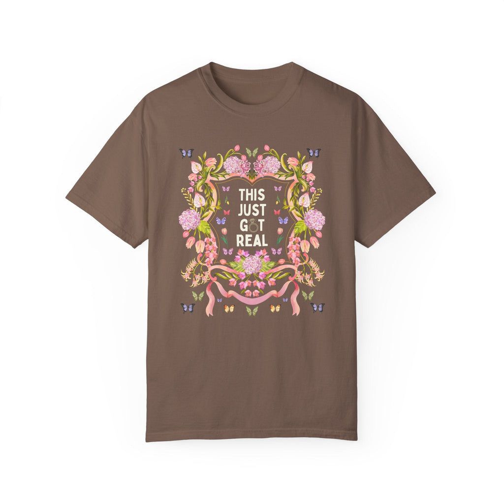Eclectic Bachelorette Tee Shirt, Cozy Cottagecore Bachelorette Party or Trip for Bride Who Loves Flowers and Silly Jokes: This Just Got Real - Opal and June