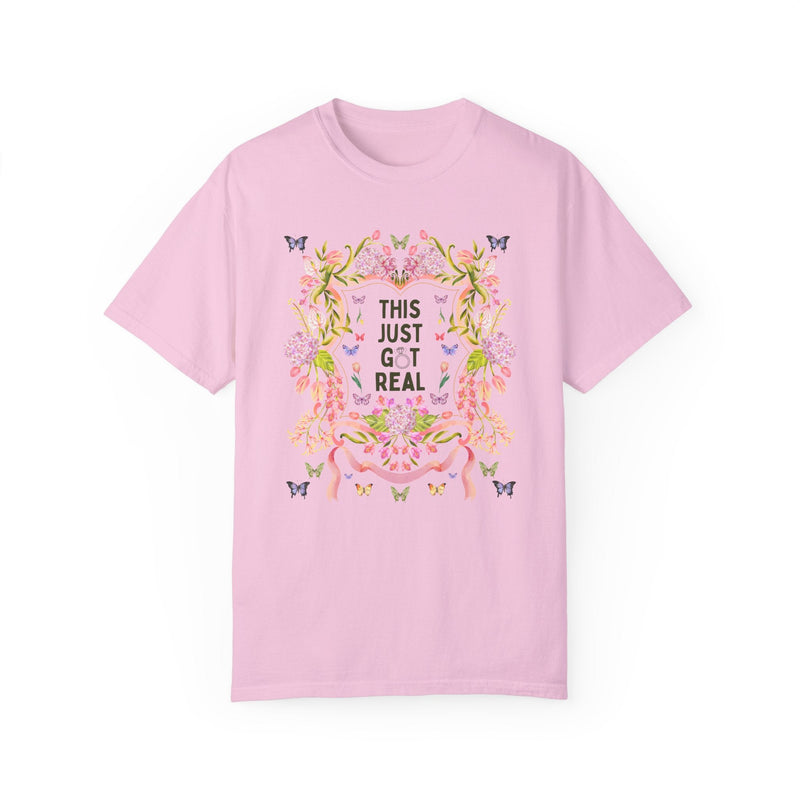 Eclectic Bachelorette Tee Shirt, Cozy Cottagecore Bachelorette Party or Trip for Bride Who Loves Flowers and Silly Jokes: This Just Got Real - Opal and June