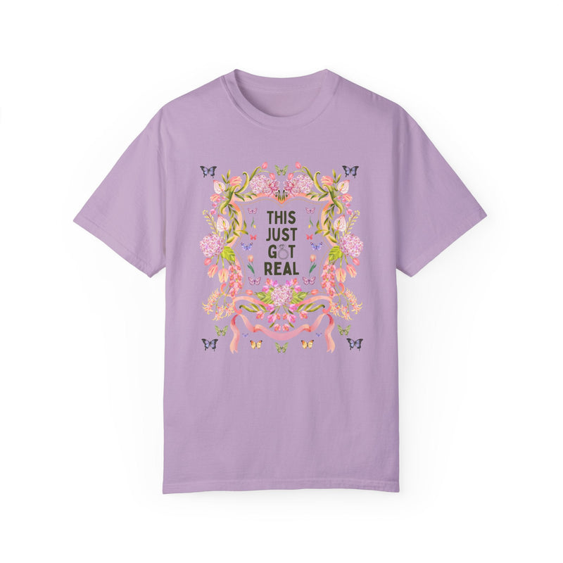 Eclectic Bachelorette Tee Shirt, Cozy Cottagecore Bachelorette Party or Trip for Bride Who Loves Flowers and Silly Jokes: This Just Got Real - Opal and June