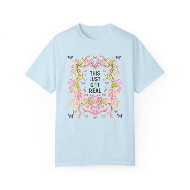 Eclectic Bachelorette Tee Shirt, Cozy Cottagecore Bachelorette Party or Trip for Bride Who Loves Flowers and Silly Jokes: This Just Got Real - Opal and June