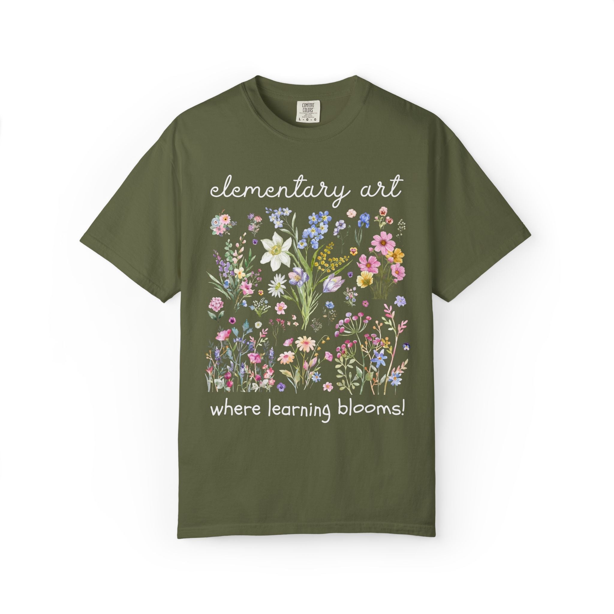 Elementary Art Teacher Vintage Botanical Tee Shirt: Where Learning Blooms! | Boho Cottagecore Matching Fairycore T-Shirt with Pressed Flowers, Soft Girl Style - Opal and June
