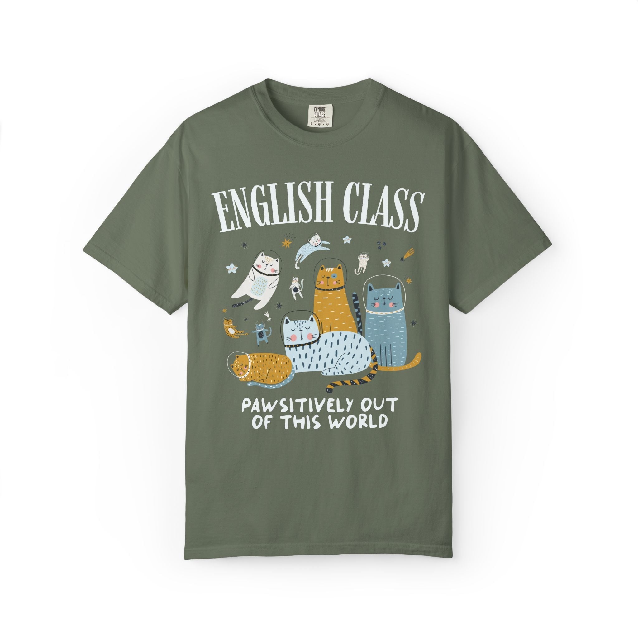 English Teacher Space Cat Tee Shirt with Astronaut Kittens and Stars: Pawsitively Out of This World Teacher Team T-Shirt for Cat Lover - Opal and June