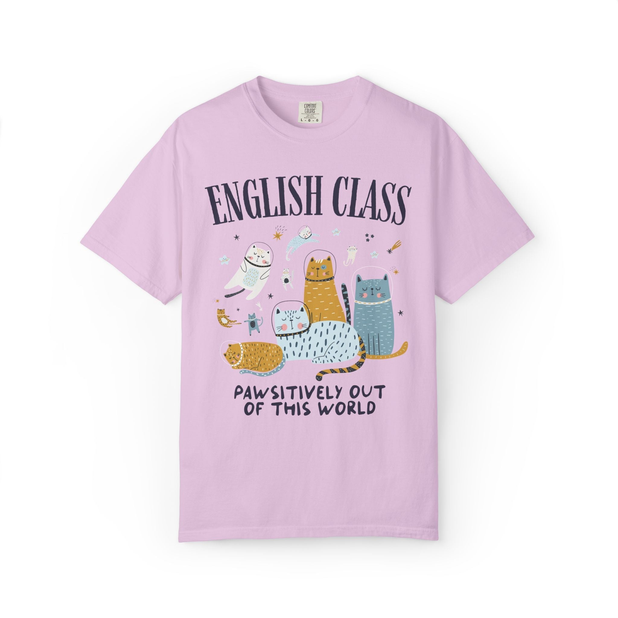 English Teacher Space Cat Tee Shirt with Astronaut Kittens and Stars: Pawsitively Out of This World Teacher Team T-Shirt for Cat Lover - Opal and June