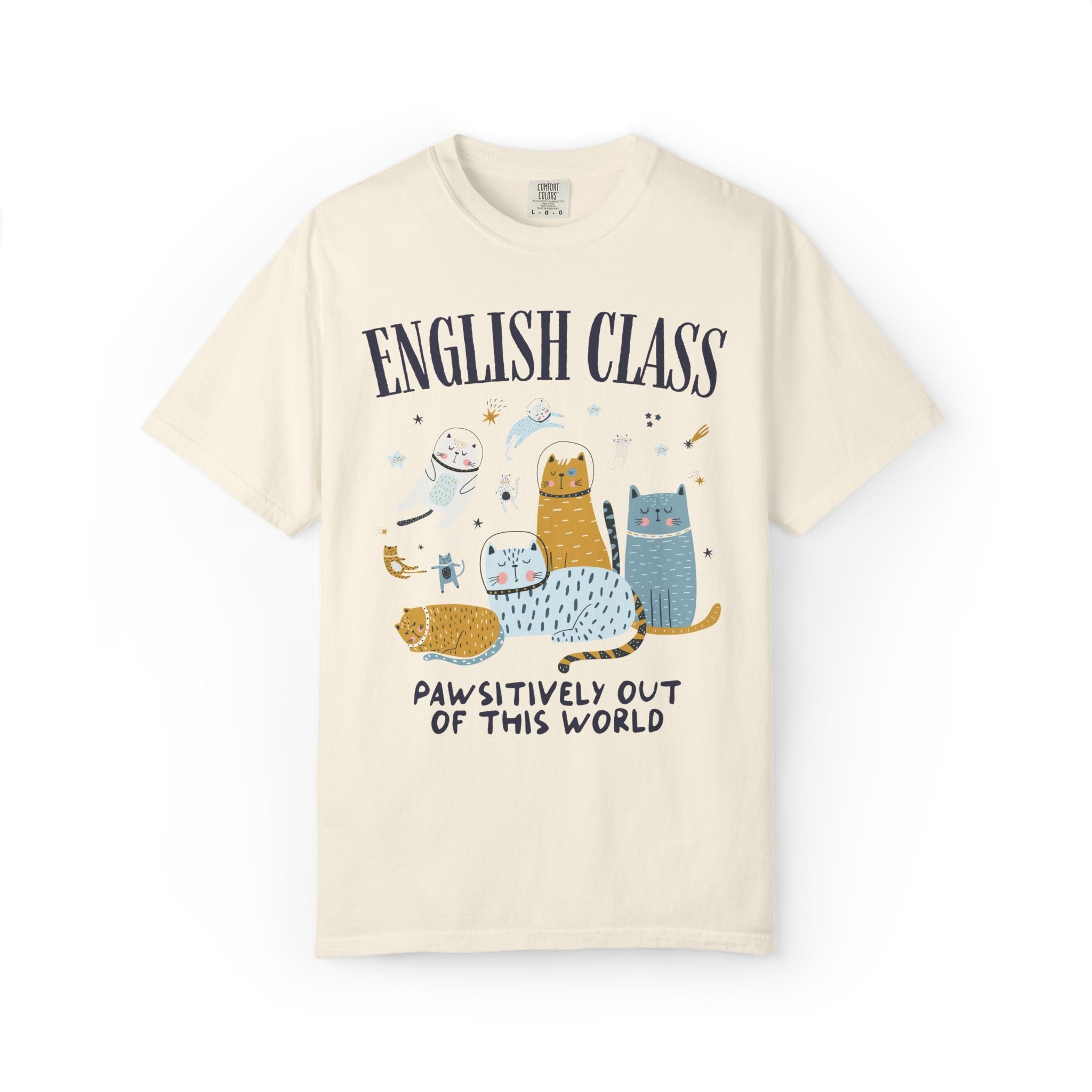 English Teacher Space Cat Tee Shirt with Astronaut Kittens and Stars: Pawsitively Out of This World Teacher Team T-Shirt for Cat Lover - Opal and June