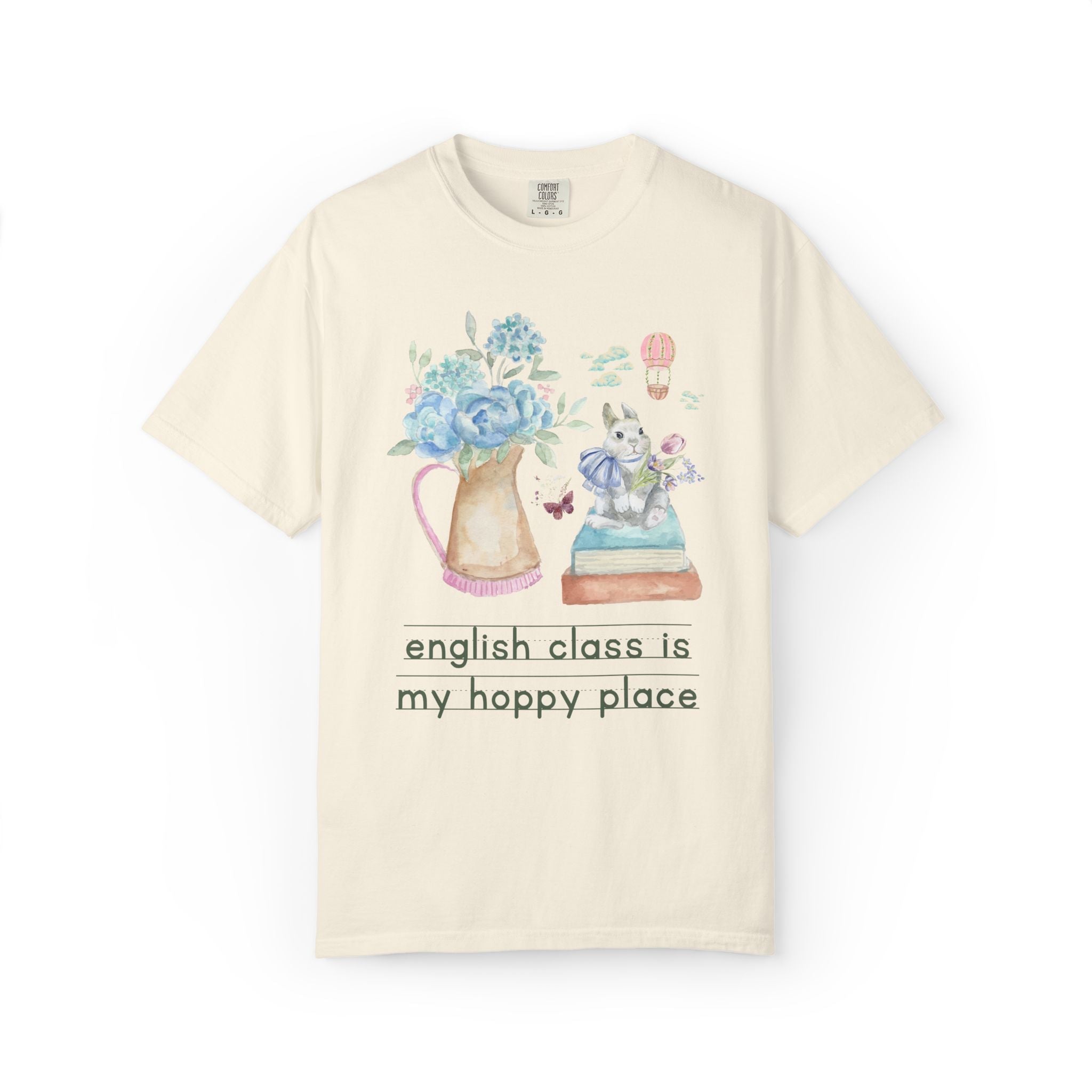 English Teacher Spring Matching Teacher T-Shirt with Cottagecore Flowers and a Bow: My Hoppy Place, Sweet Goblincore Soft Girl Style Butterfly Lover Tee - Opal and June
