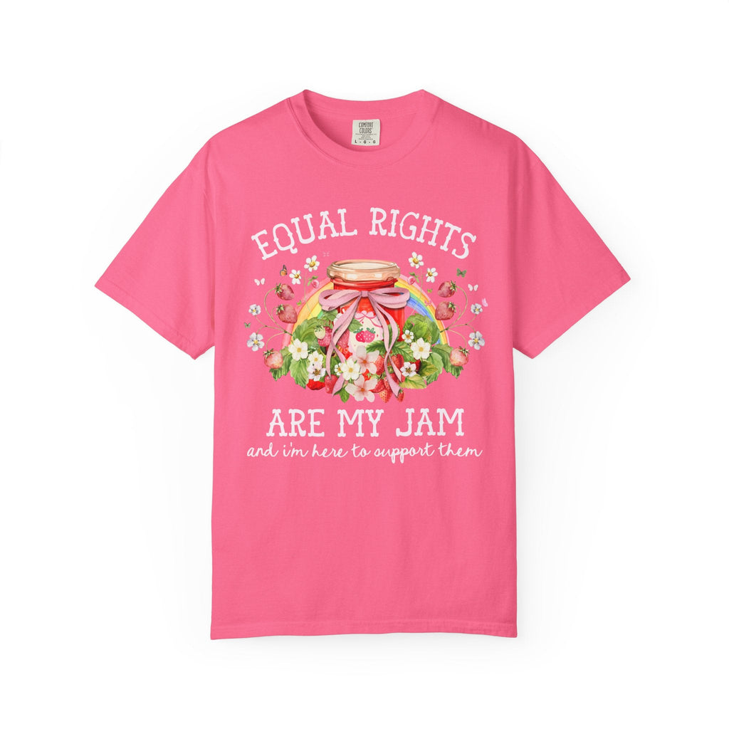 Equal Rights are My Jam: Funny Saying Gay Rights LGBTQ T-Shirt with Rainbow, Cute Lesbian Shirt with Strawberries, Cottagecore Leftist Tee - Opal and June