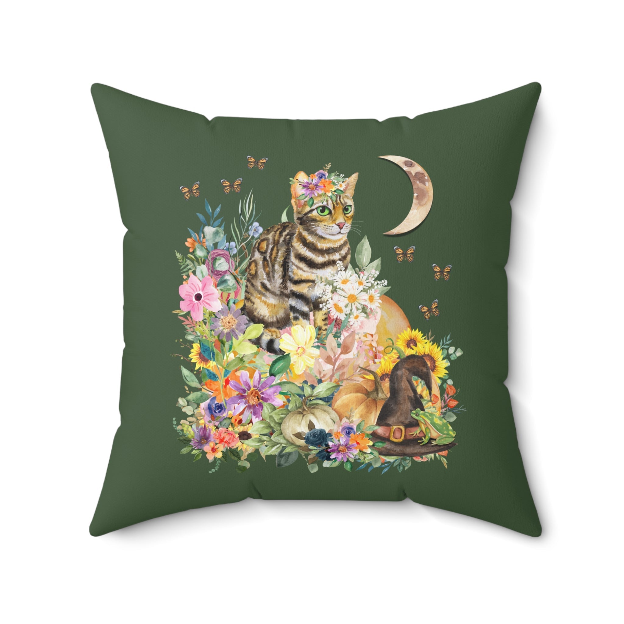 Fairycore Cat Pillow: Cute Cat Pillow for Halloween | Witchy Cat with Butterflies and Flowers, Quirky Fun Pillow with Kitschy Aesthetic - Opal and June