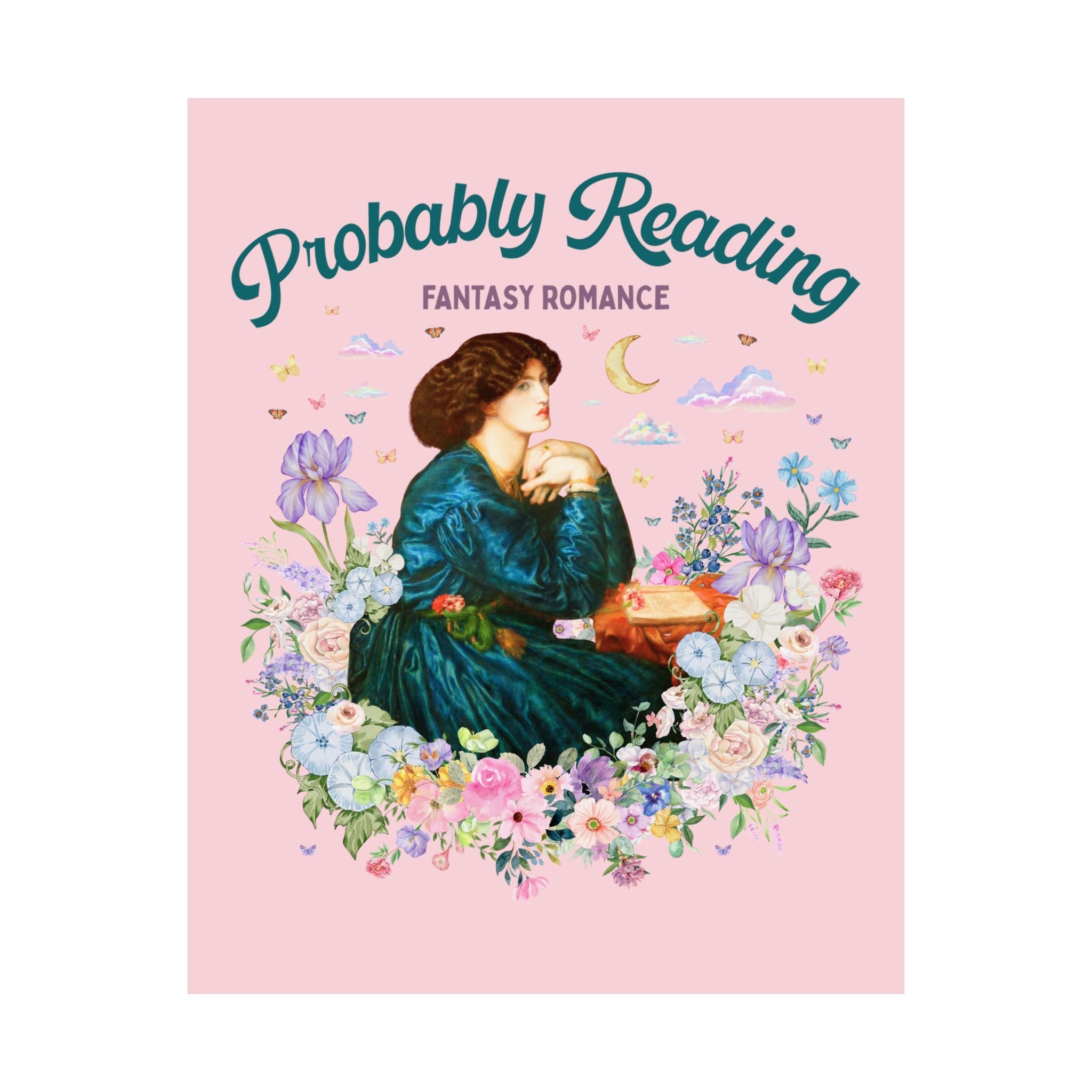 Fantasy Romance Reader Poster Print, Art Historian or Museum Lover, Cute Bookish Gift, Dante Gabriel Rossetti Book Lover Print with Flowers - Opal and June