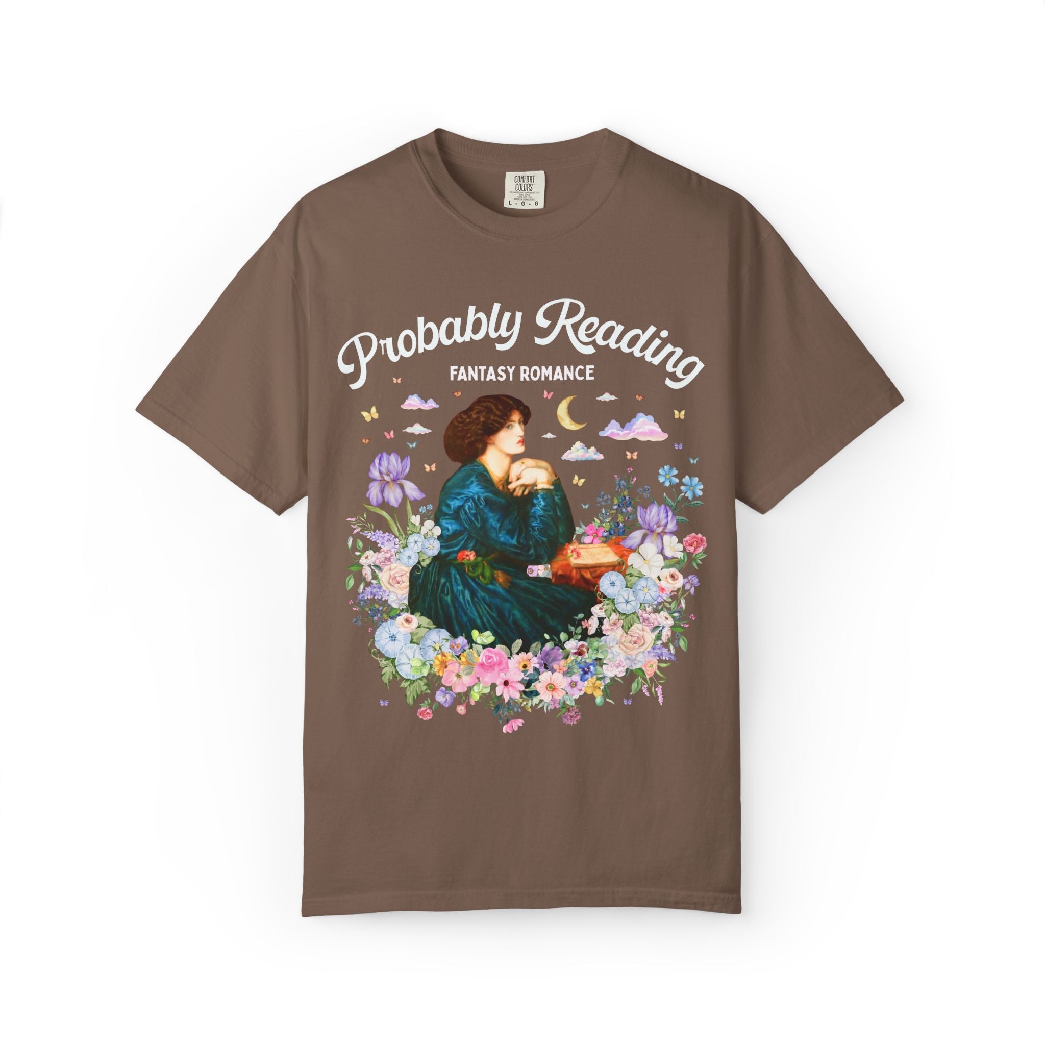 Fantasy Romance Reader Tee Shirt for Art Historian or Museum Lover, Cute Bookish Gift, Dante Gabriel Rossetti Book Lover Tee with Flowers - Opal and June