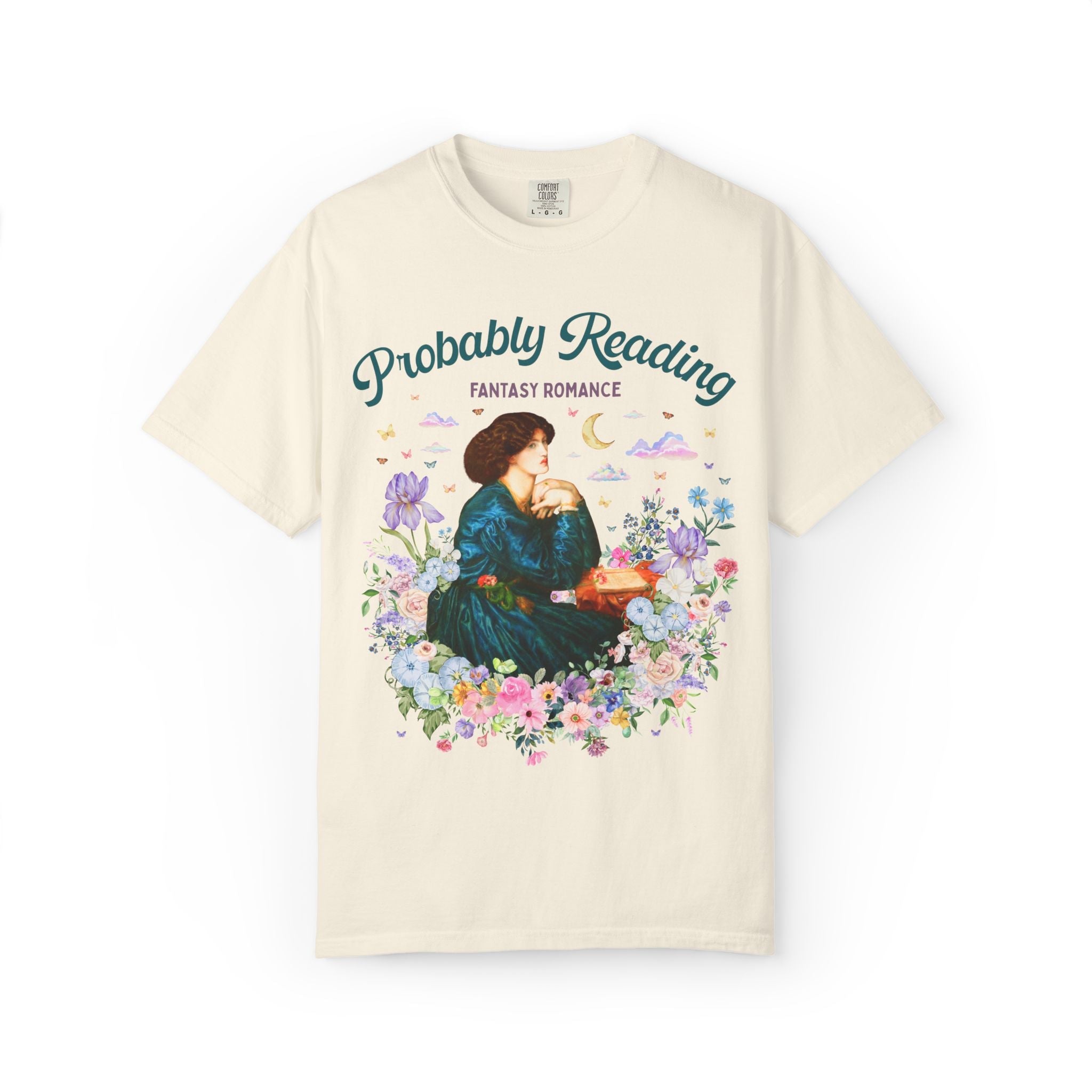 Fantasy Romance Reader Tee Shirt for Art Historian or Museum Lover, Cute Bookish Gift, Dante Gabriel Rossetti Book Lover Tee with Flowers - Opal and June