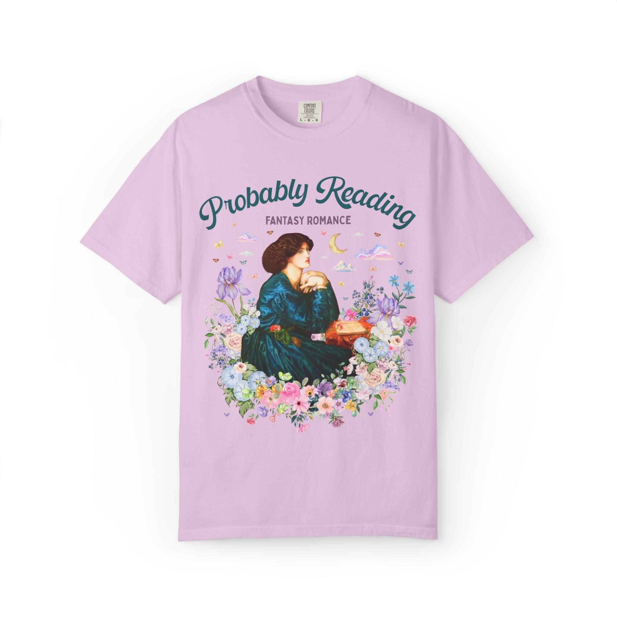 Fantasy Romance Reader Tee Shirt for Art Historian or Museum Lover, Cute Bookish Gift, Dante Gabriel Rossetti Book Lover Tee with Flowers - Opal and June