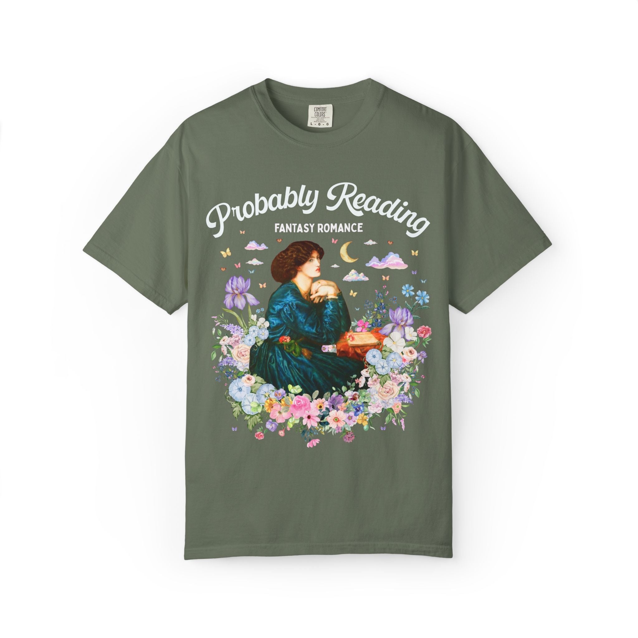 Fantasy Romance Reader Tee Shirt for Art Historian or Museum Lover, Cute Bookish Gift, Dante Gabriel Rossetti Book Lover Tee with Flowers - Opal and June