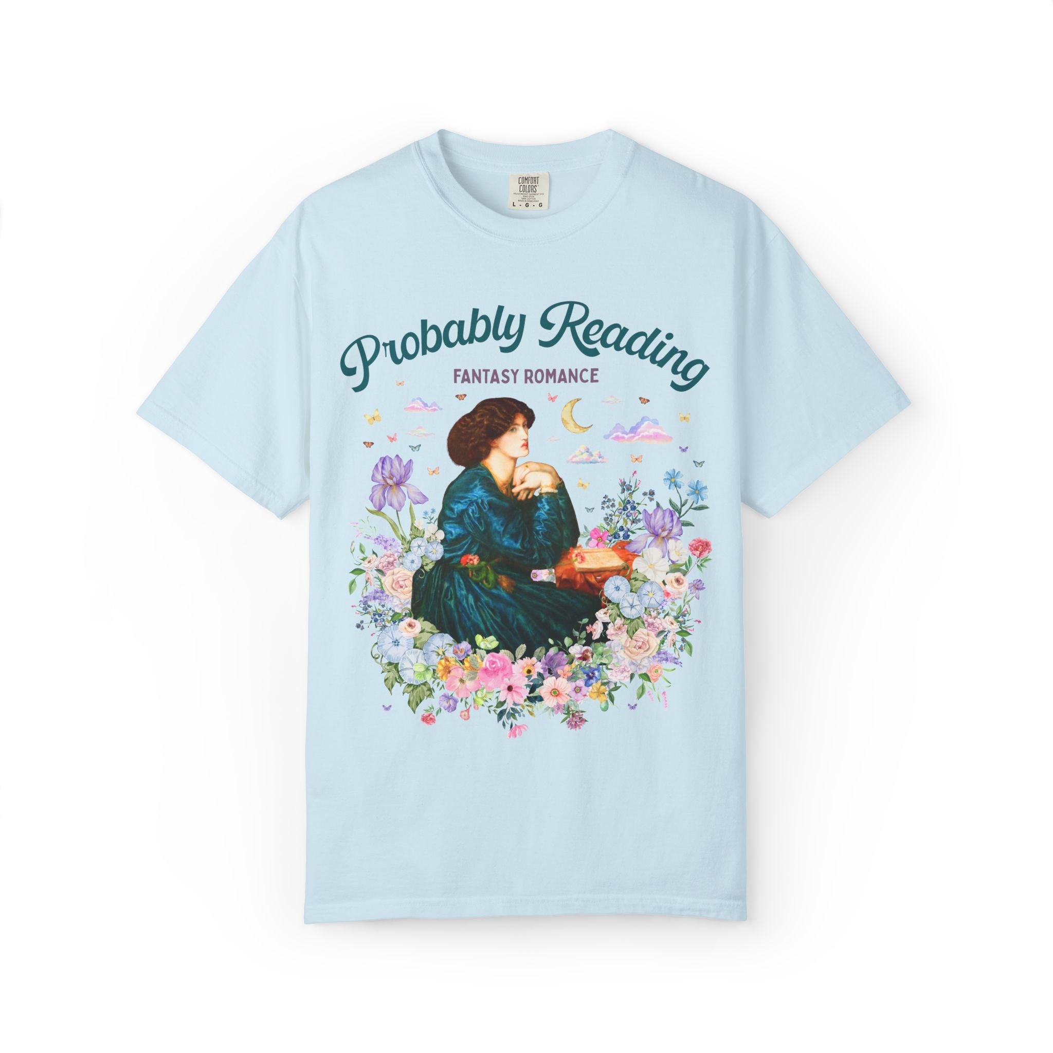 Fantasy Romance Reader Tee Shirt for Art Historian or Museum Lover, Cute Bookish Gift, Dante Gabriel Rossetti Book Lover Tee with Flowers - Opal and June