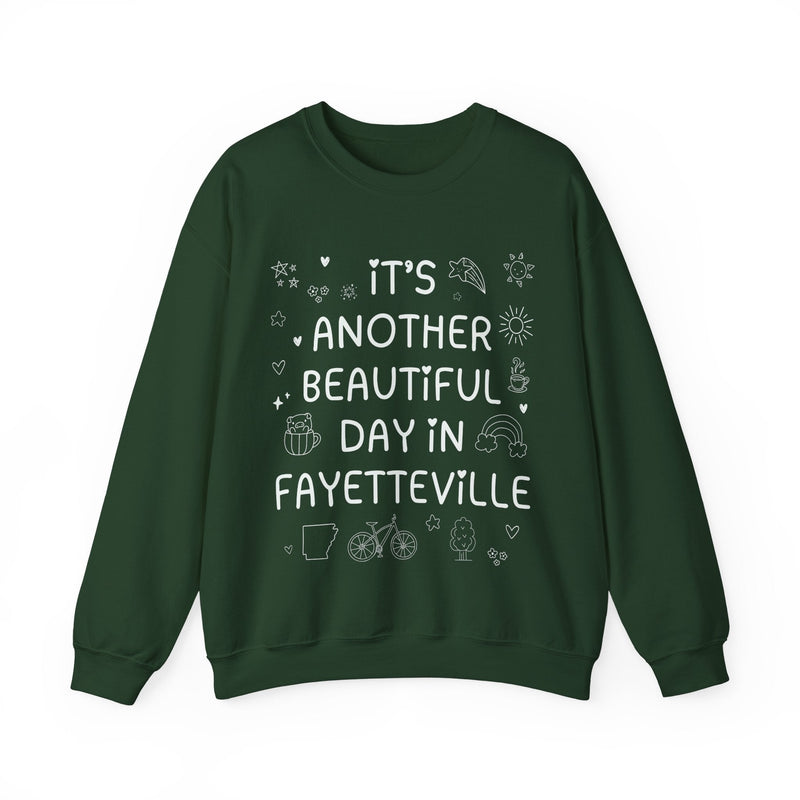 Fayetteville Arkansas Doodle Sweatshirt with Adorable Y2K Aesthetic: Another Beautiful Day in Fayetteville, Cute Arkansas Lover Crewneck - Opal and June