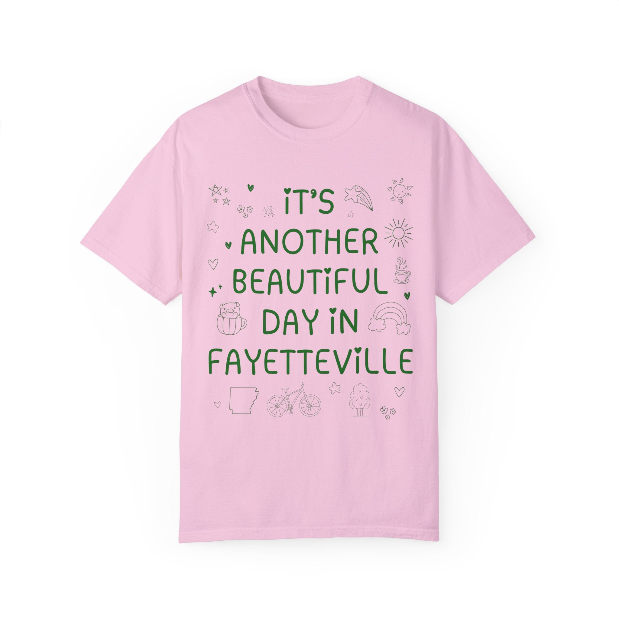 Fayetteville Arkansas Doodle Tee Shirt, Adorable Y2K Aesthetic: Another Beautiful Day in Fayetteville, Cute Arkansas Lover Tee with Hearts - Opal and June