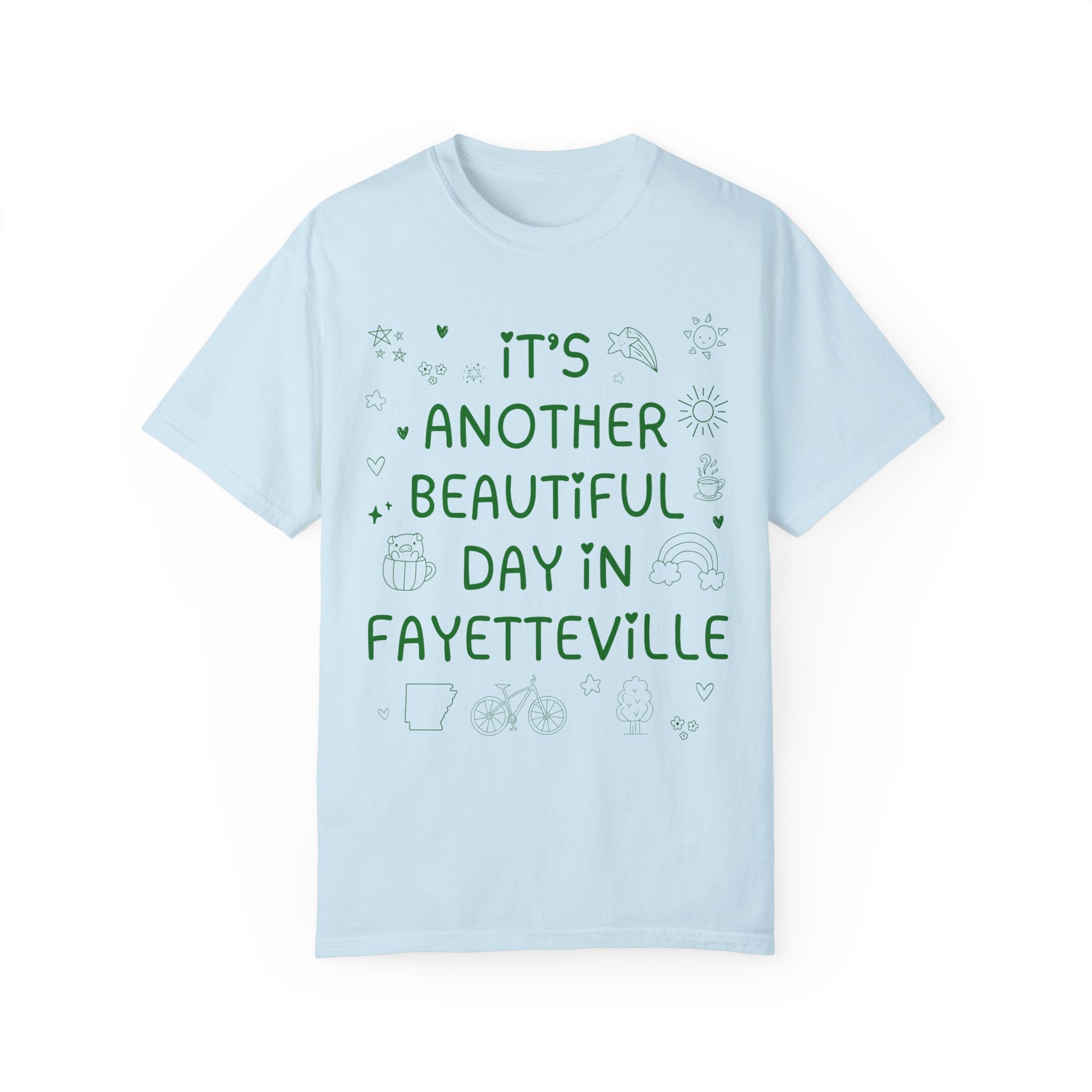 Fayetteville Arkansas Doodle Tee Shirt, Adorable Y2K Aesthetic: Another Beautiful Day in Fayetteville, Cute Arkansas Lover Tee with Hearts - Opal and June