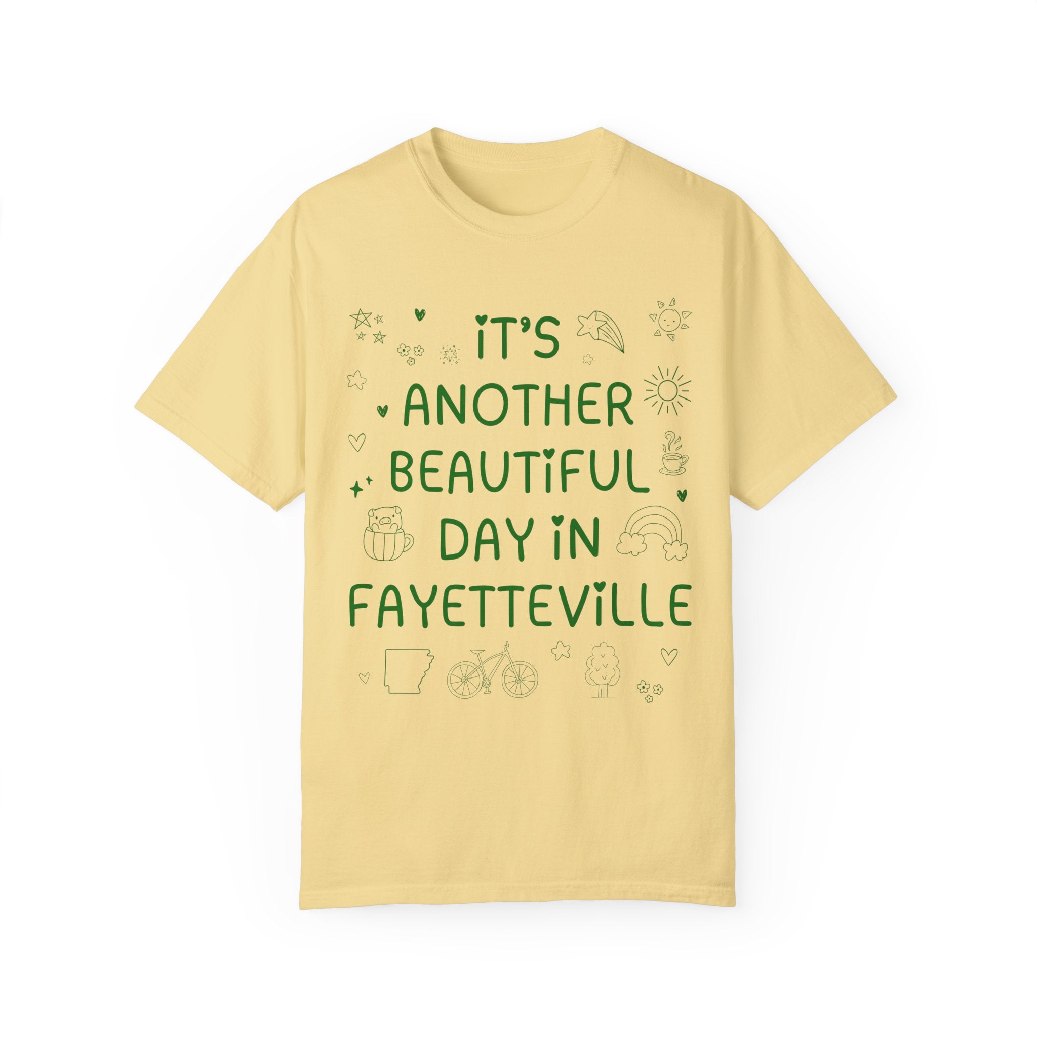 Fayetteville Arkansas Doodle Tee Shirt, Adorable Y2K Aesthetic: Another Beautiful Day in Fayetteville, Cute Arkansas Lover Tee with Hearts - Opal and June