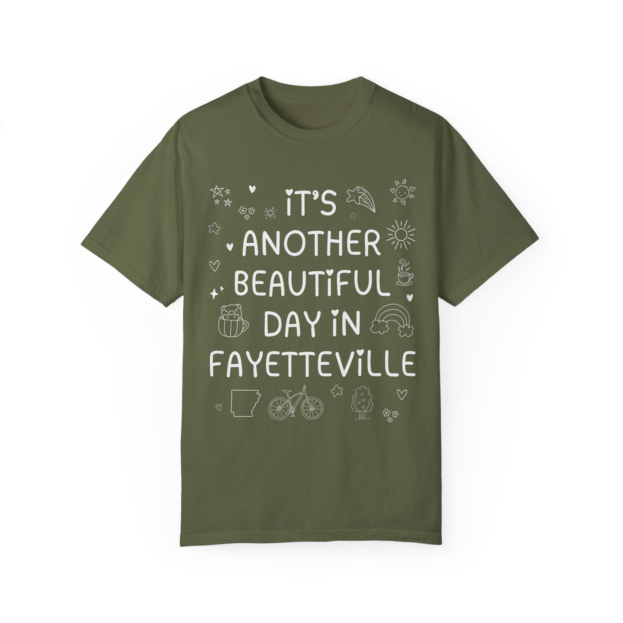 Fayetteville Arkansas Doodle Tee Shirt, Adorable Y2K Aesthetic: Another Beautiful Day in Fayetteville, Cute Arkansas Lover Tee with Hearts - Opal and June