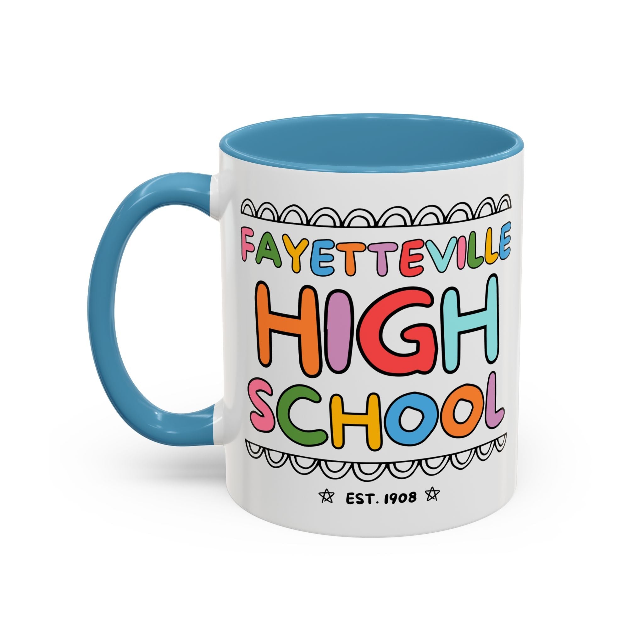 Fayetteville High School 15 Oz Coffee Mug: Rainbow Letters - Opal and June