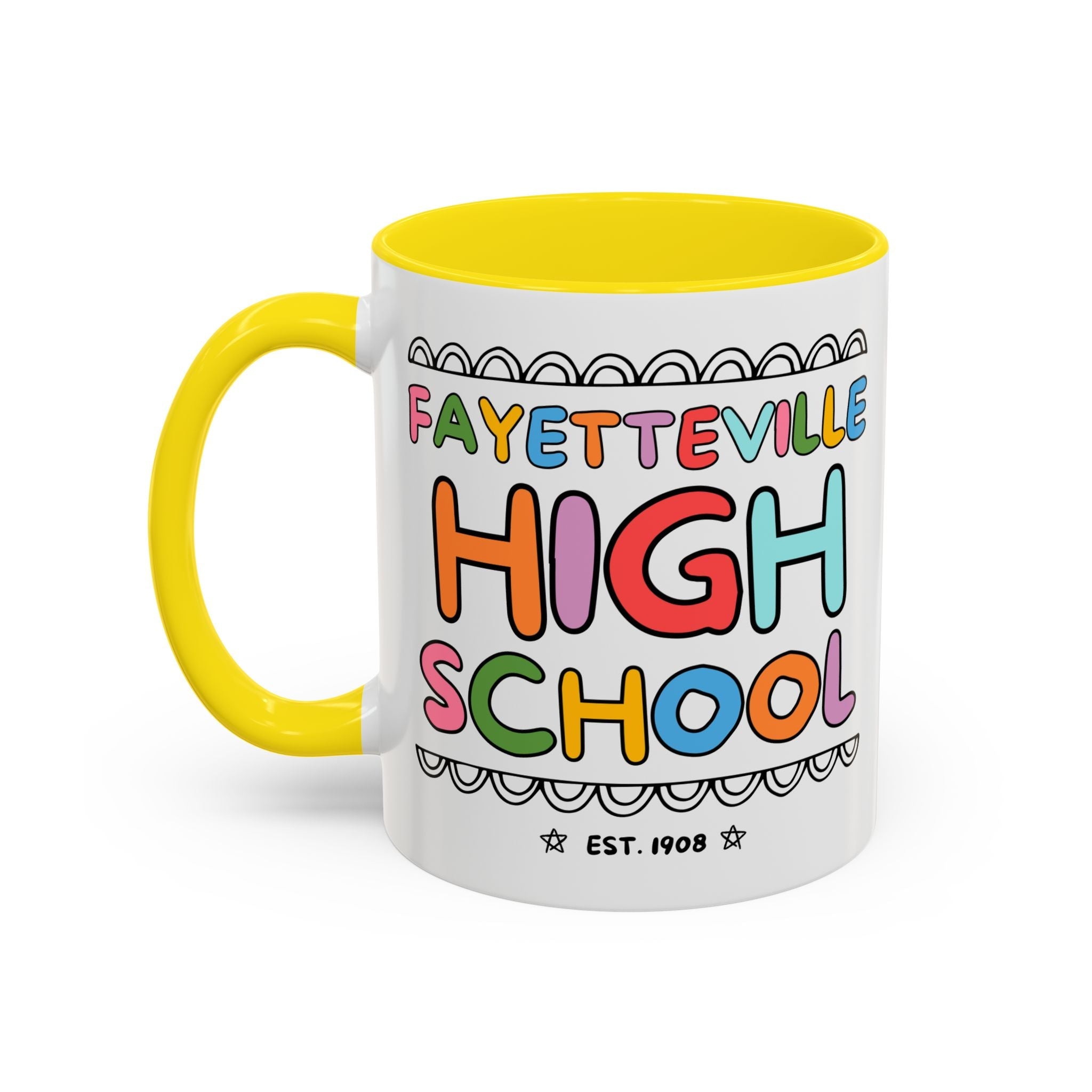Fayetteville High School 15 Oz Coffee Mug: Rainbow Letters - Opal and June