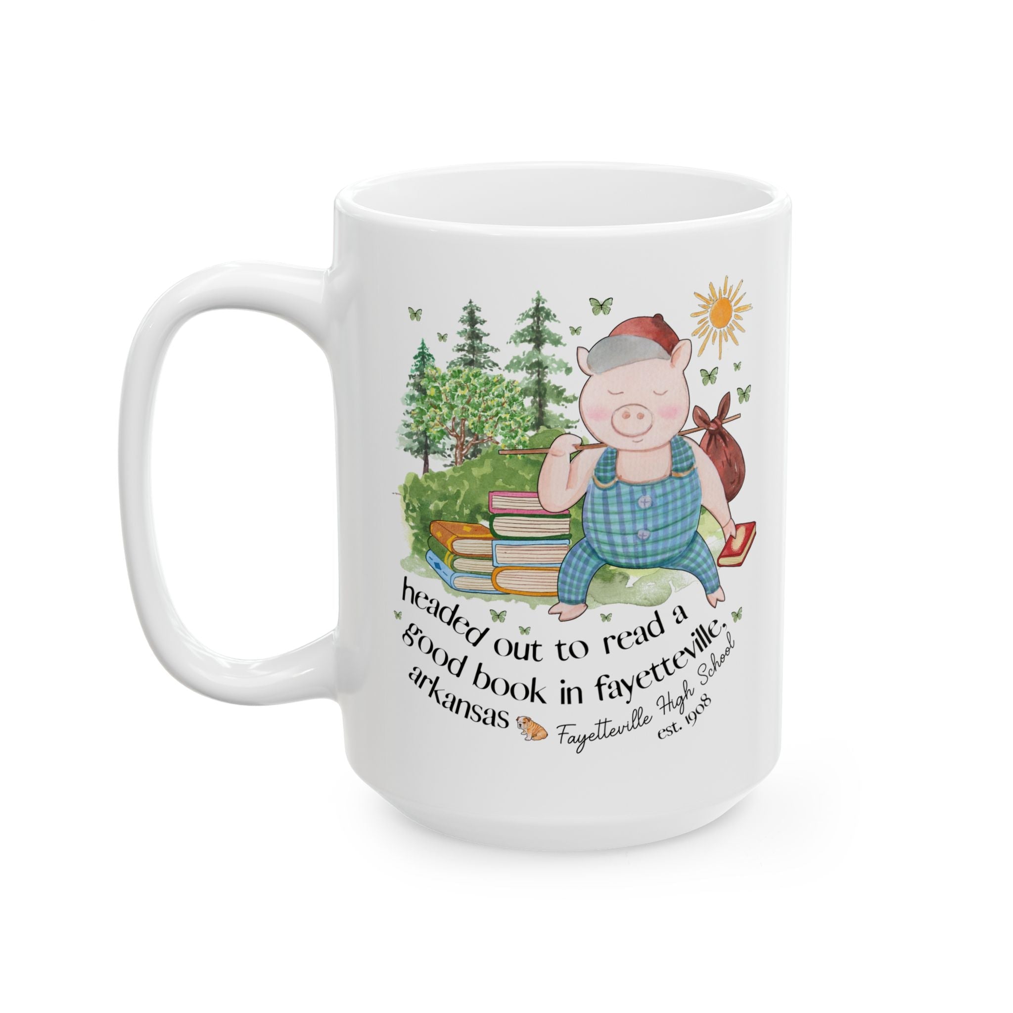 Fayetteville High School Coffee Mug: Off to Read a Book | FPS + Opal and June 15 Oz Coffee Mug, Fayetteville Public Schools - Opal and June