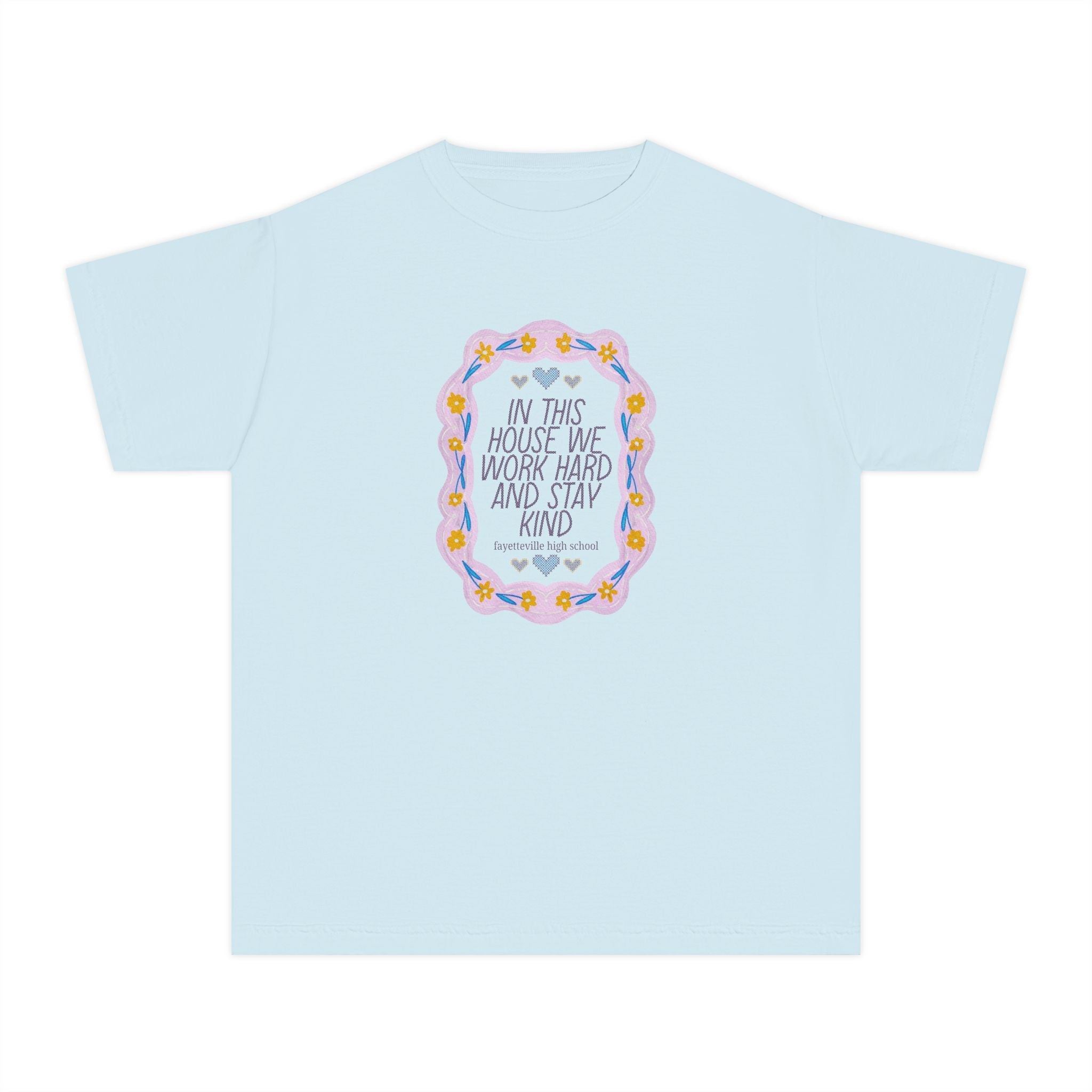 Fayetteville High School Kid Tee Shirt: In This House We Work Hard and Stay Kind | FPS + Opal and June Kids T-Shirt, Fayetteville Public Schools - Opal and June