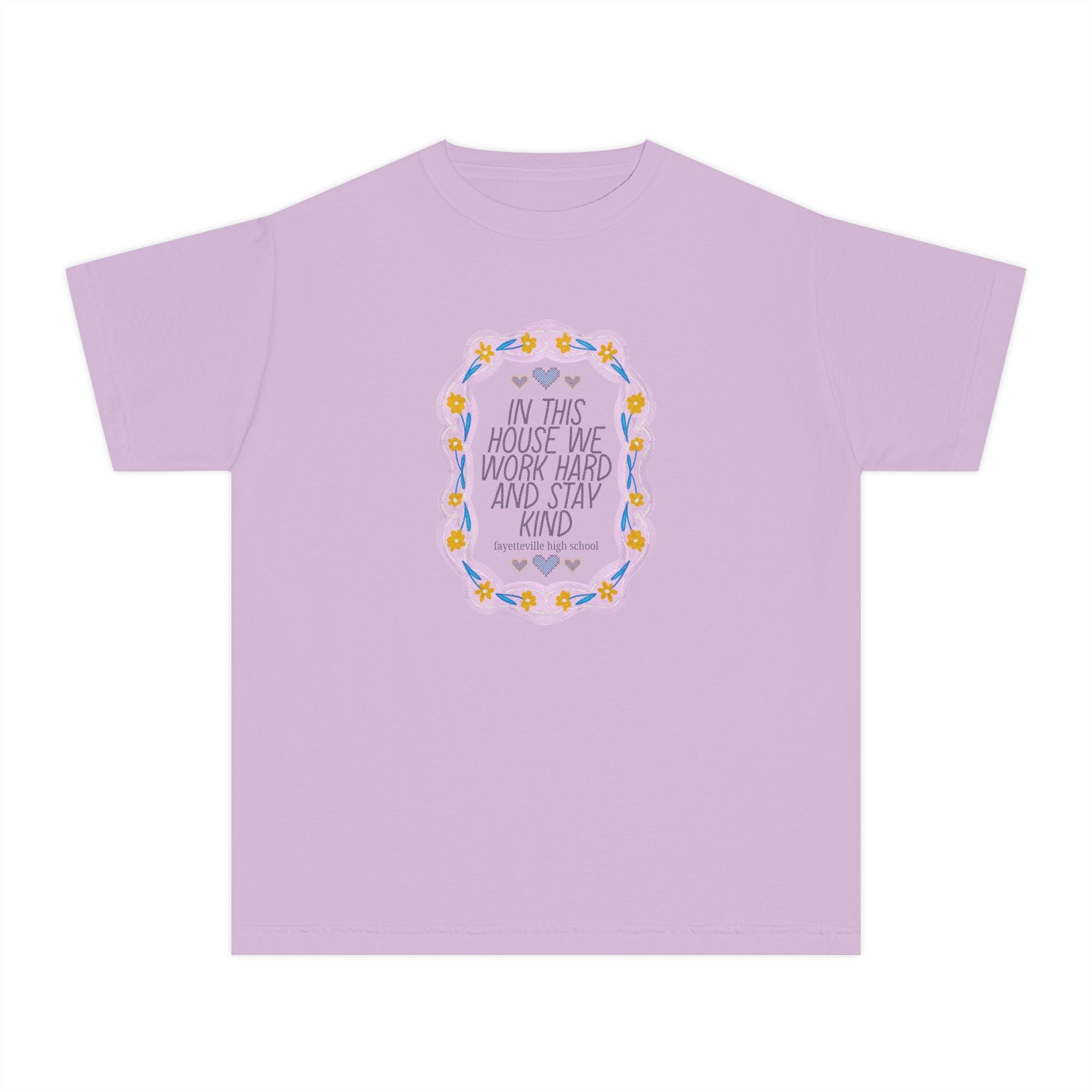 Fayetteville High School Kid Tee Shirt: In This House We Work Hard and Stay Kind | FPS + Opal and June Kids T-Shirt, Fayetteville Public Schools - Opal and June