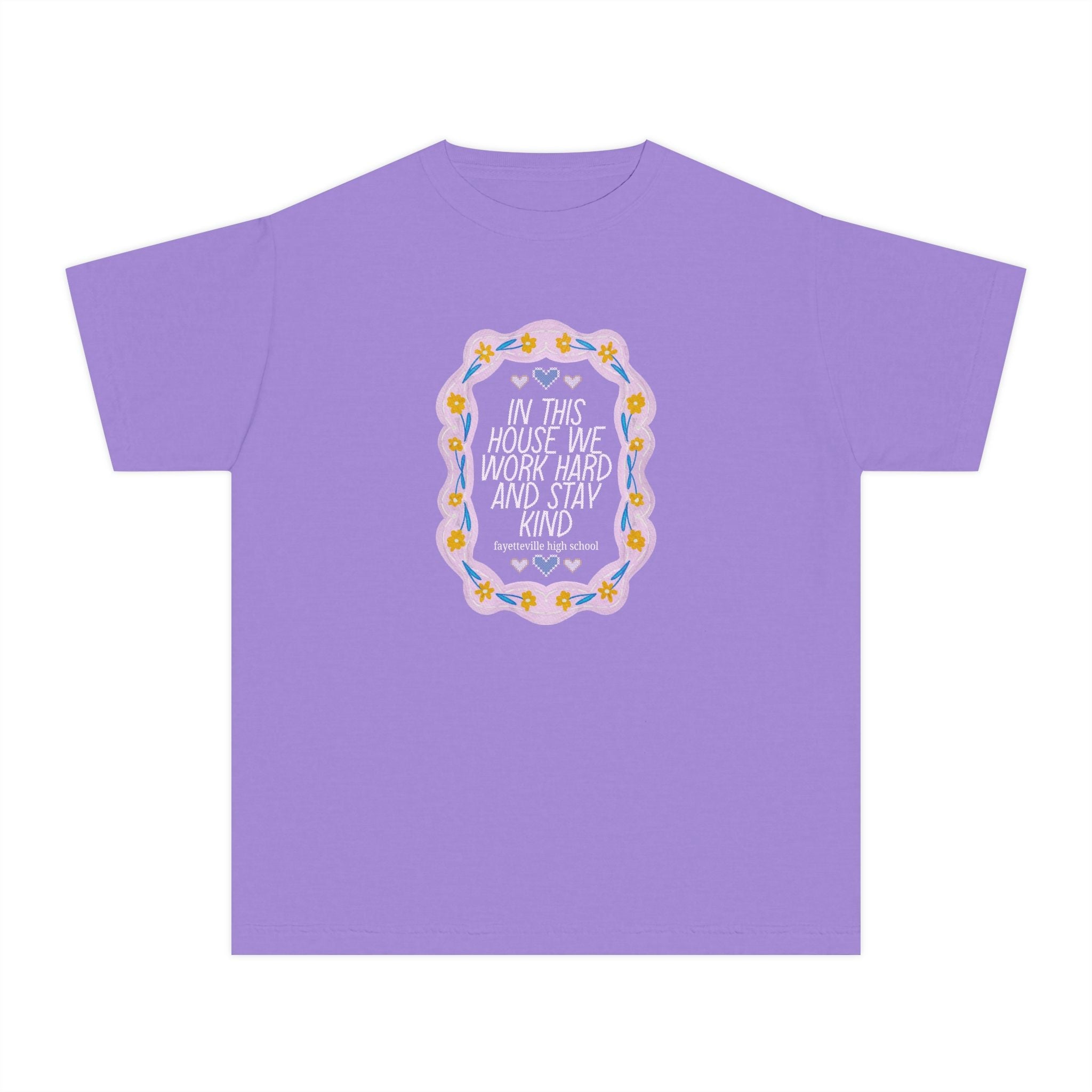 Fayetteville High School Kid Tee Shirt: In This House We Work Hard and Stay Kind | FPS + Opal and June Kids T-Shirt, Fayetteville Public Schools - Opal and June