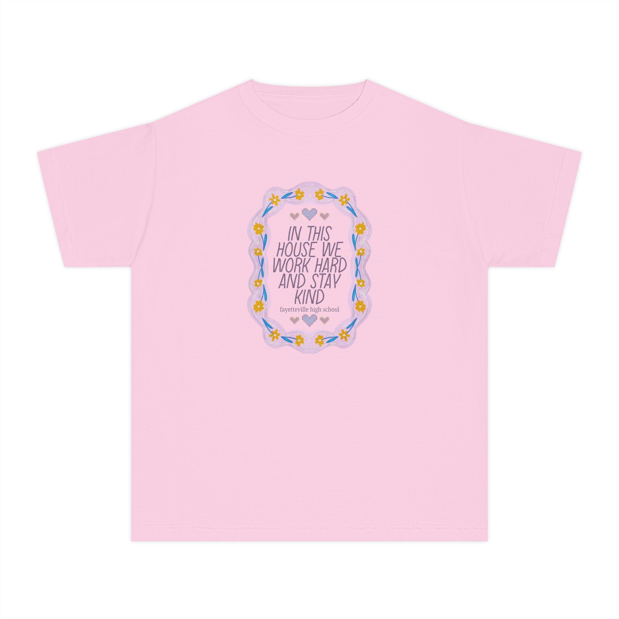 Fayetteville High School Kid Tee Shirt: In This House We Work Hard and Stay Kind | FPS + Opal and June Kids T-Shirt, Fayetteville Public Schools - Opal and June