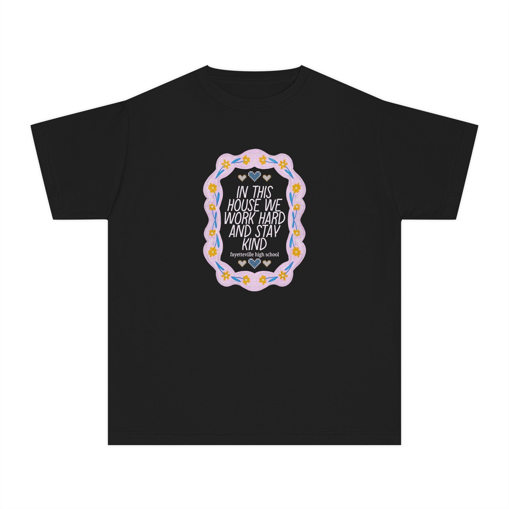 Fayetteville High School Kid Tee Shirt: In This House We Work Hard and Stay Kind | FPS + Opal and June Kids T-Shirt, Fayetteville Public Schools - Opal and June