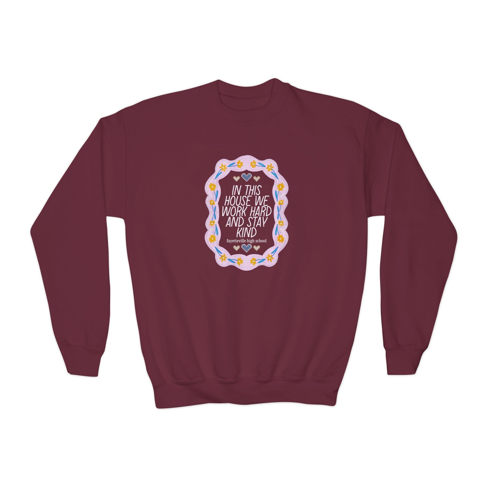 Fayetteville High School Kids Sweatshirt: In This House We Work Hard and Stay Kind | FPS + Opal and June Kids Sweatshirt, Fayetteville Public Schools - Opal and June