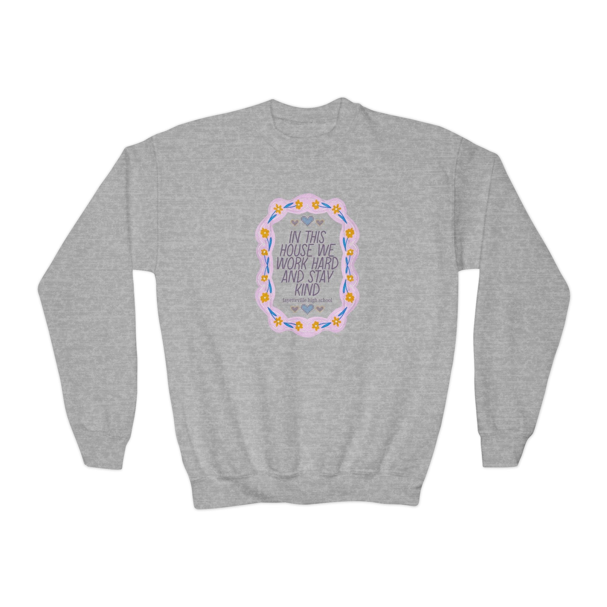 Fayetteville High School Kids Sweatshirt: In This House We Work Hard and Stay Kind | FPS + Opal and June Kids Sweatshirt, Fayetteville Public Schools - Opal and June