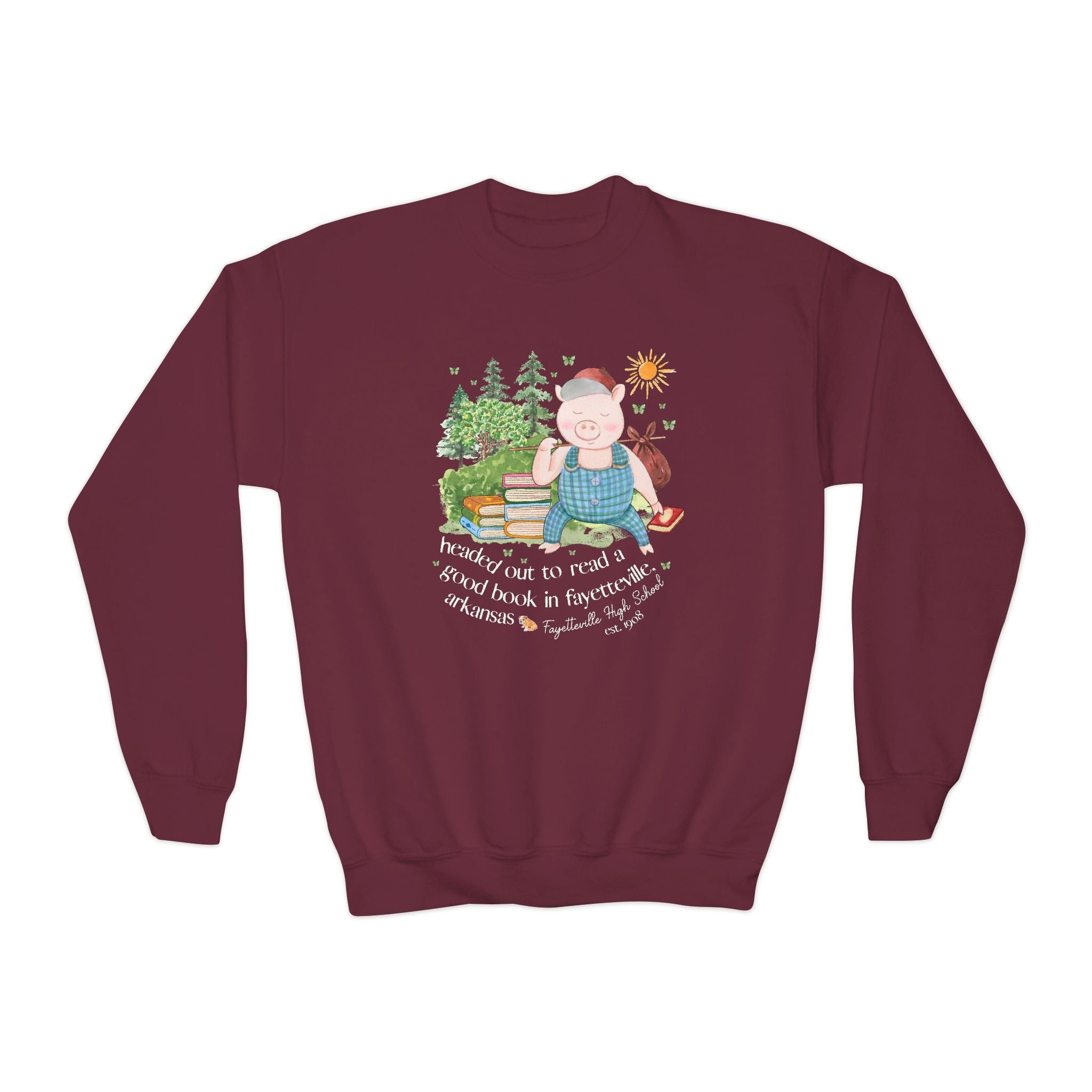 Fayetteville High School Kids Sweatshirt: Off to Read a Book | FPS + Opal and June Kids Sweatshirt, Fayetteville Public Schools - Opal and June