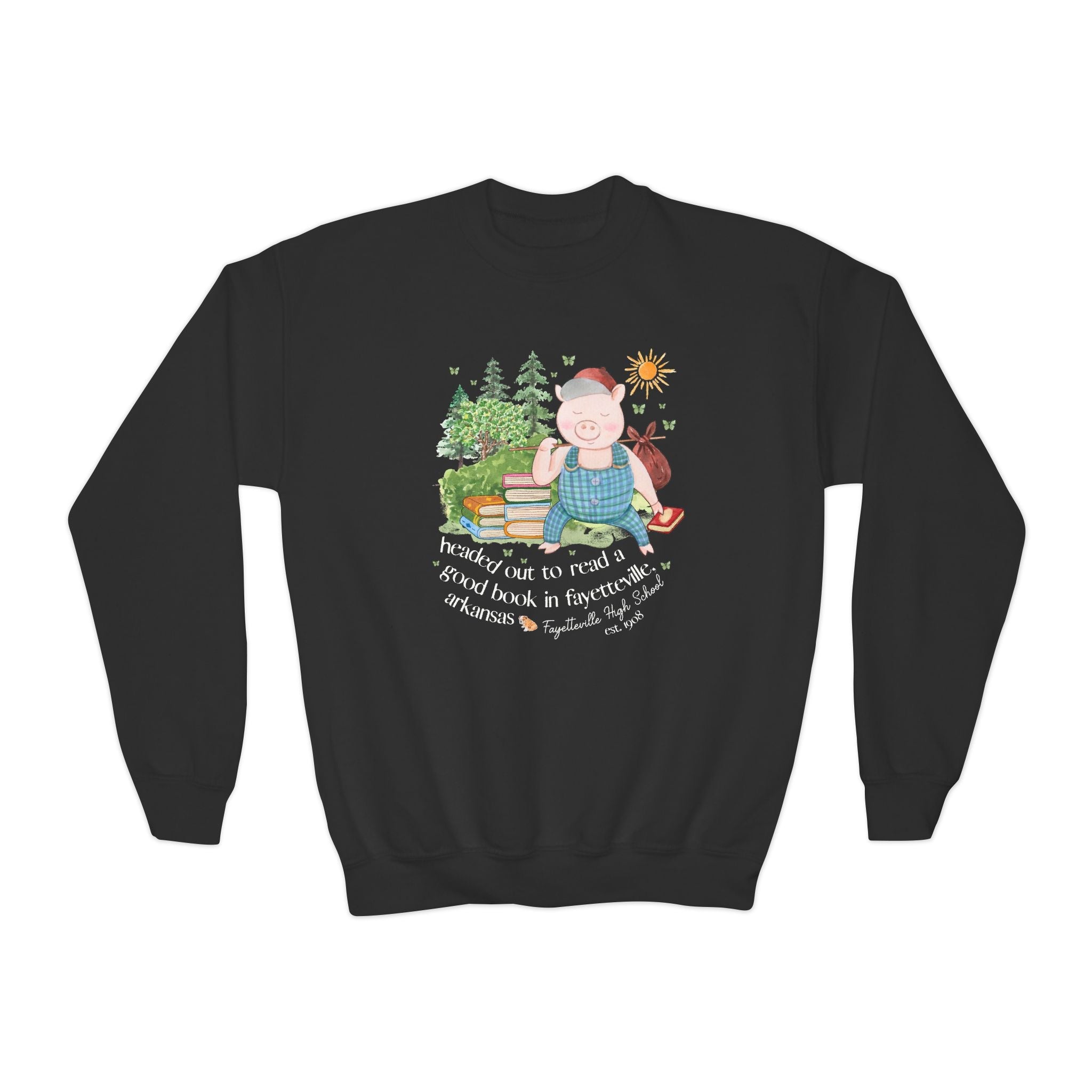 Fayetteville High School Kids Sweatshirt: Off to Read a Book | FPS + Opal and June Kids Sweatshirt, Fayetteville Public Schools - Opal and June