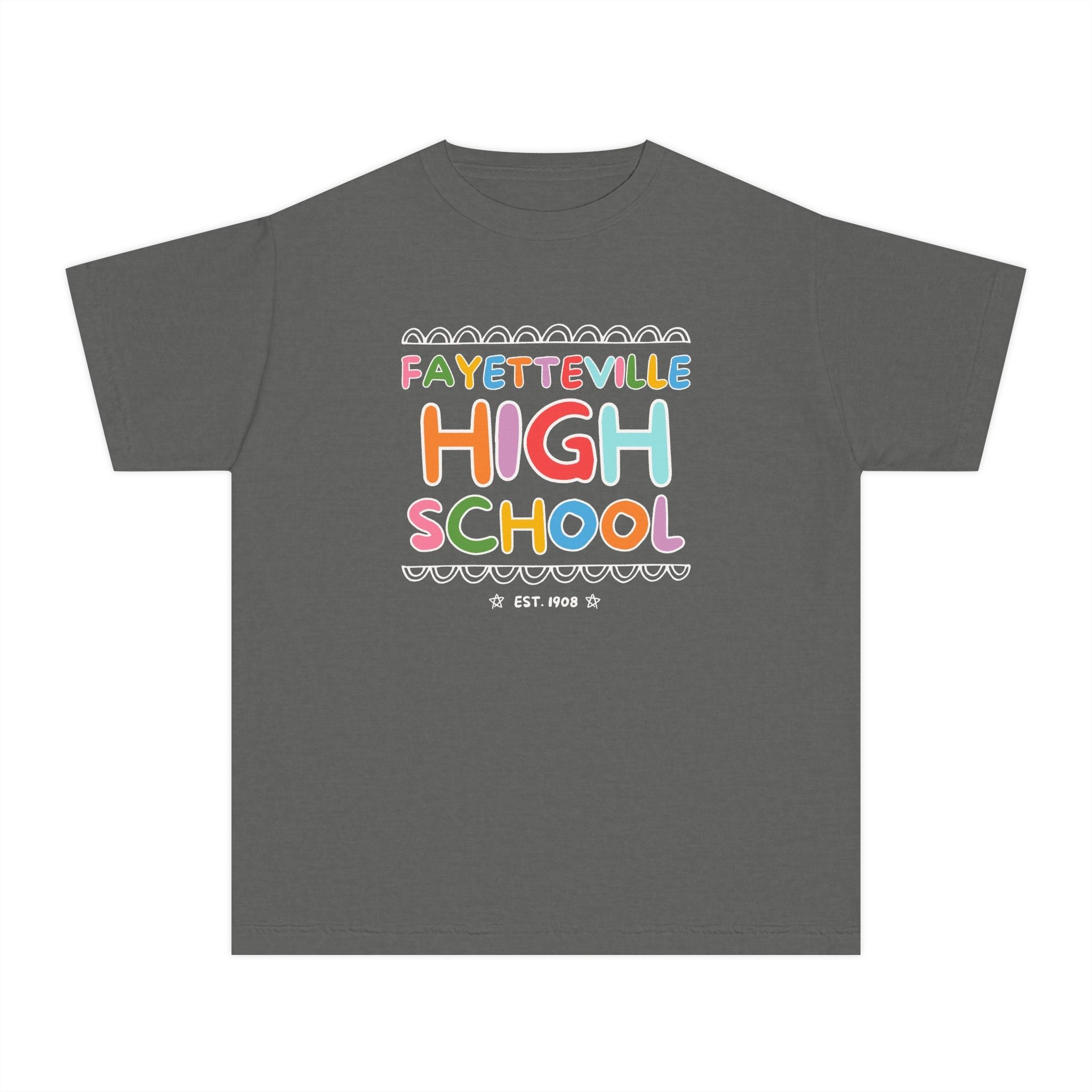 Fayetteville High School Kids Tee Shirt: Rainbow Letters - Opal and June