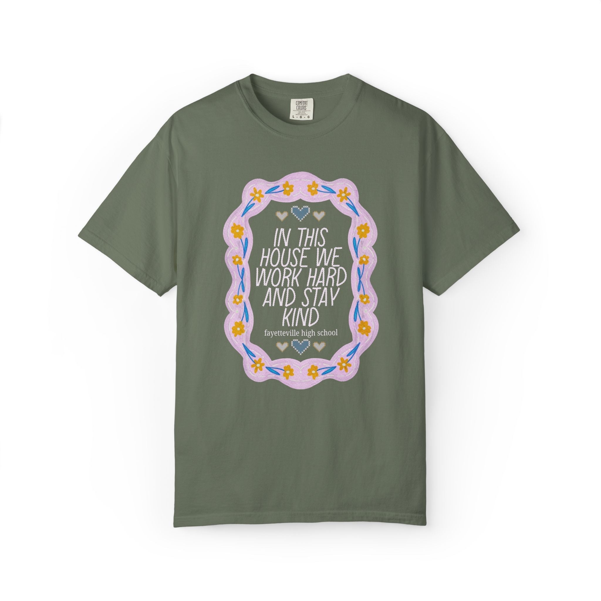 Fayetteville High School Tee Shirt: In This House We Work Hard and Stay Kind | FPS + Opal and June Tee Shirt, Fayetteville Public Schools - Opal and June