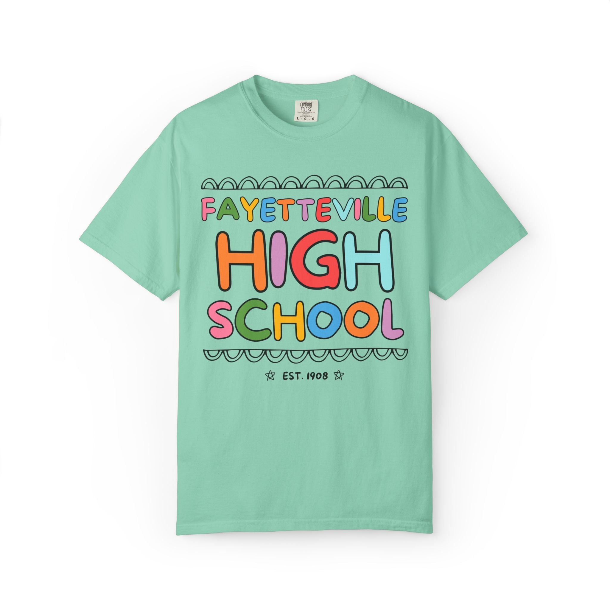 Fayetteville High School Tee Shirt: Rainbow Letters - Opal and June