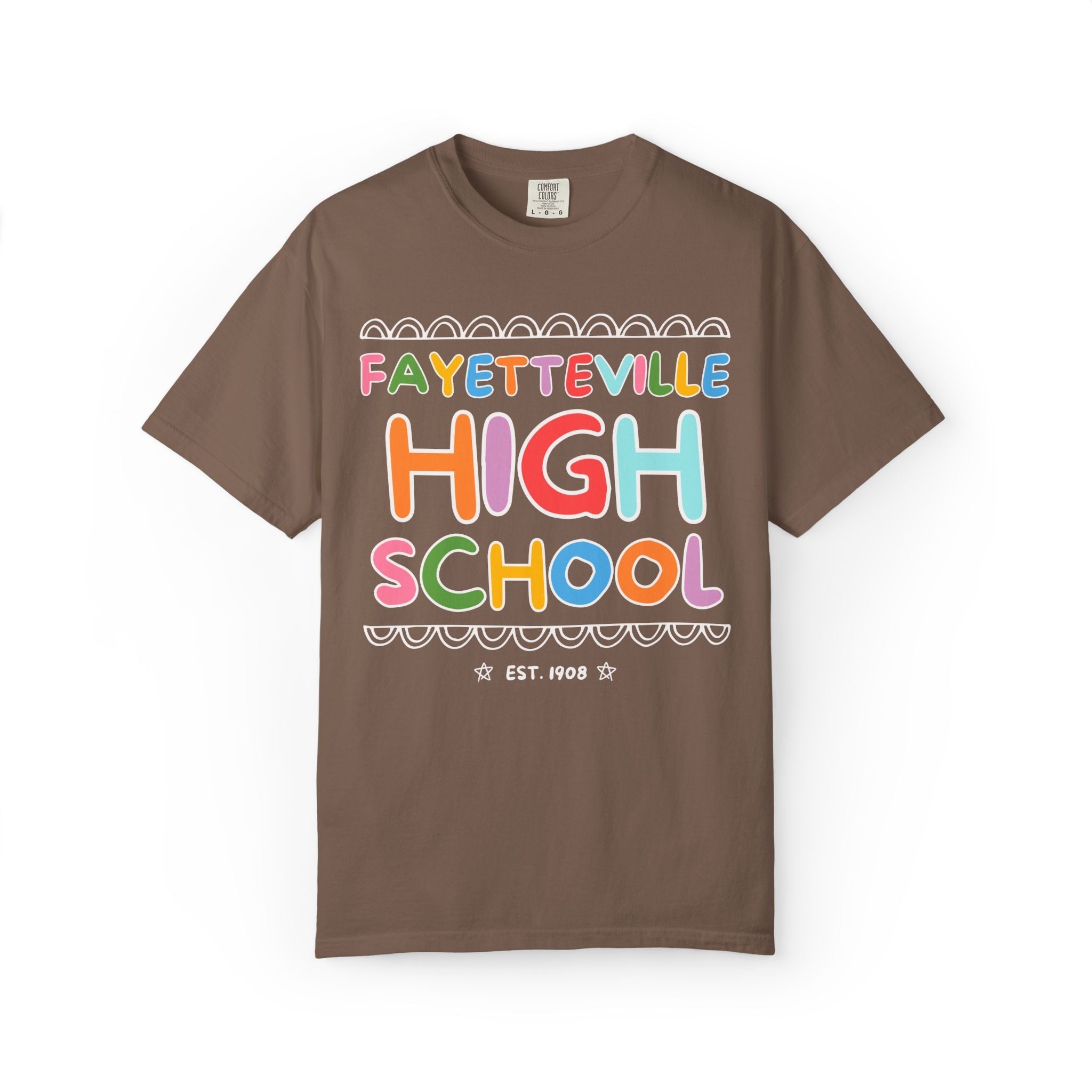 Fayetteville High School Tee Shirt: Rainbow Letters - Opal and June