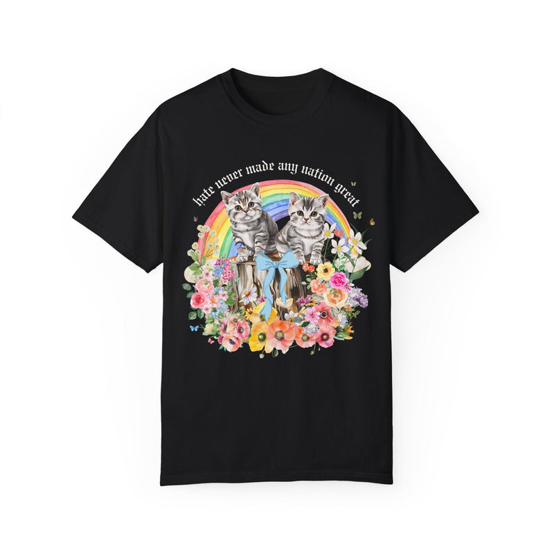 Feminist Equal Rights Tee Shirt for Democratic Socialist or Leftist Who Loves Equality, Colorful Maximalist LGBTQ Cat Lover Floral T-Shirt - Opal and June
