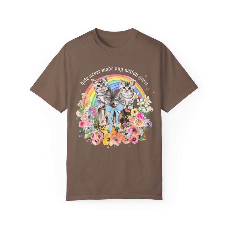 Feminist Equal Rights Tee Shirt for Democratic Socialist or Leftist Who Loves Equality, Colorful Maximalist LGBTQ Cat Lover Floral T-Shirt - Opal and June