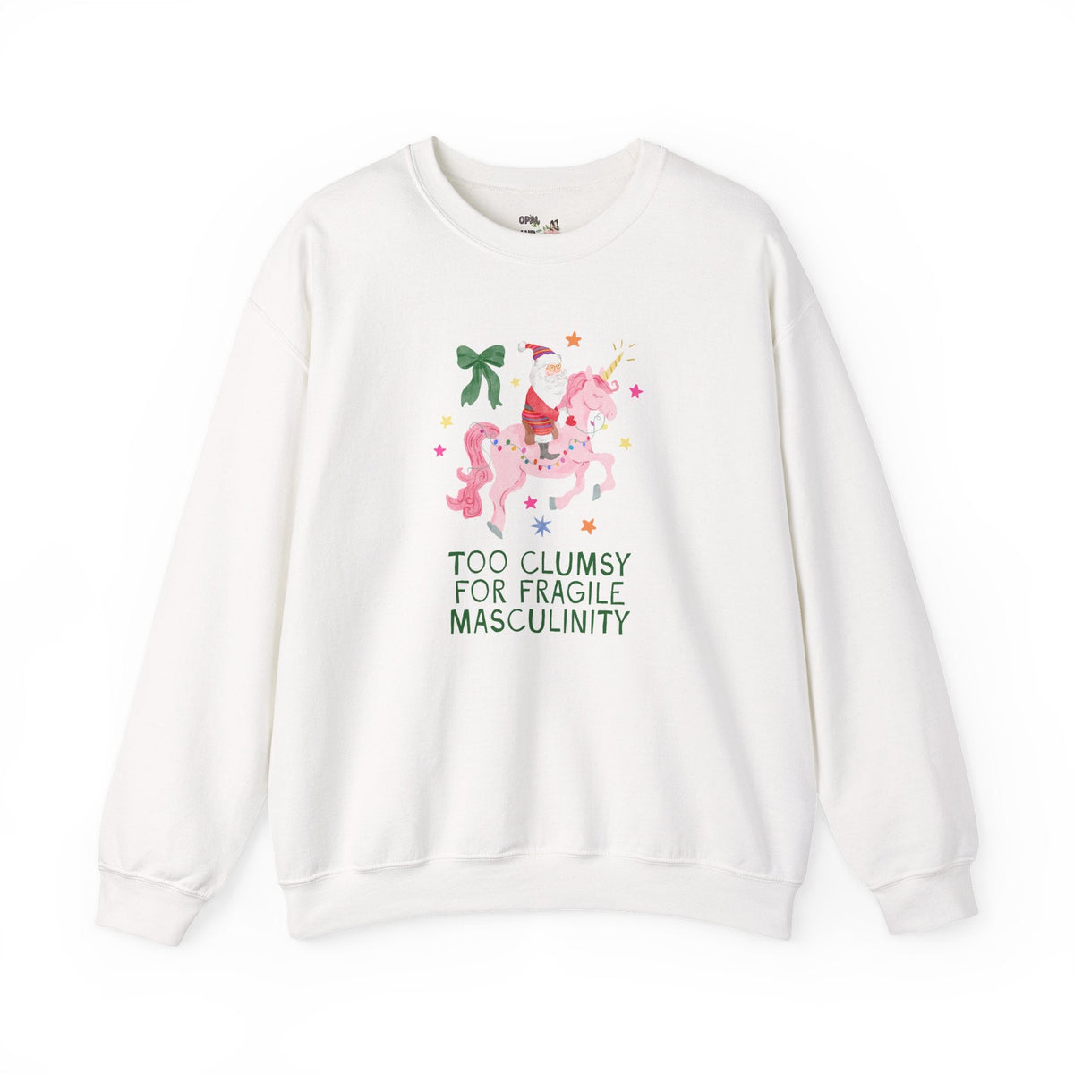 Feminist Santa Sweatshirt with Unicorn: Too Clumsy for Fragile Masculinity Maximalist Christmas Crewneck with Nostalgic Vibe, Women's Rights - Opal and June