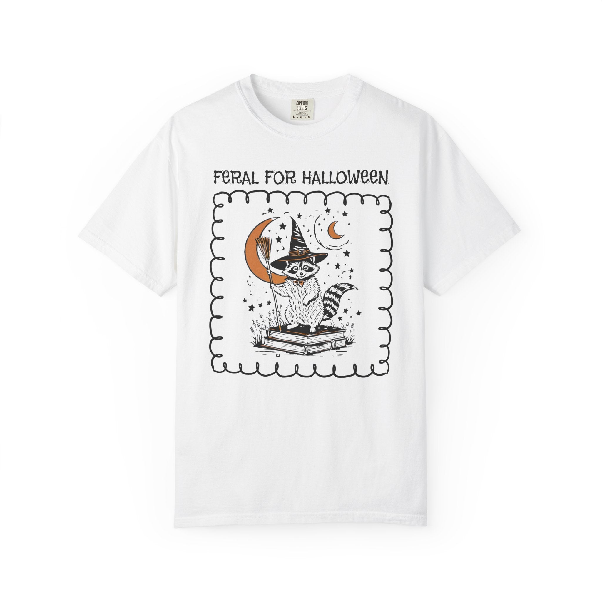 Feral for Halloween: Funny Saying Raccoon Tee Shirt for Fall, Cute Bookish Halloween T-Shirt for Animal Lover, Celestial Magic Witchy Tee - Opal and June