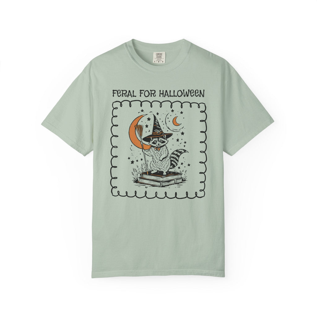 Feral for Halloween: Funny Saying Raccoon Tee Shirt for Fall, Cute Bookish Halloween T-Shirt for Animal Lover, Celestial Magic Witchy Tee - Opal and June