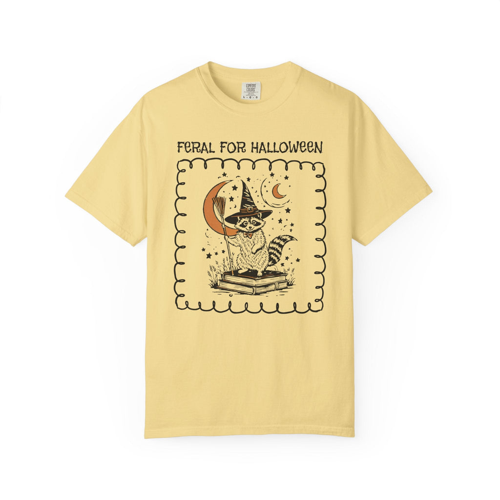 Feral for Halloween: Funny Saying Raccoon Tee Shirt for Fall, Cute Bookish Halloween T-Shirt for Animal Lover, Celestial Magic Witchy Tee - Opal and June