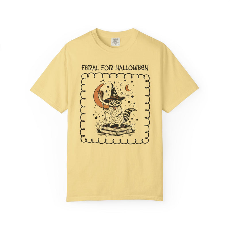 Feral for Halloween: Funny Saying Raccoon Tee Shirt for Fall, Cute Bookish Halloween T-Shirt for Animal Lover, Celestial Magic Witchy Tee - Opal and June
