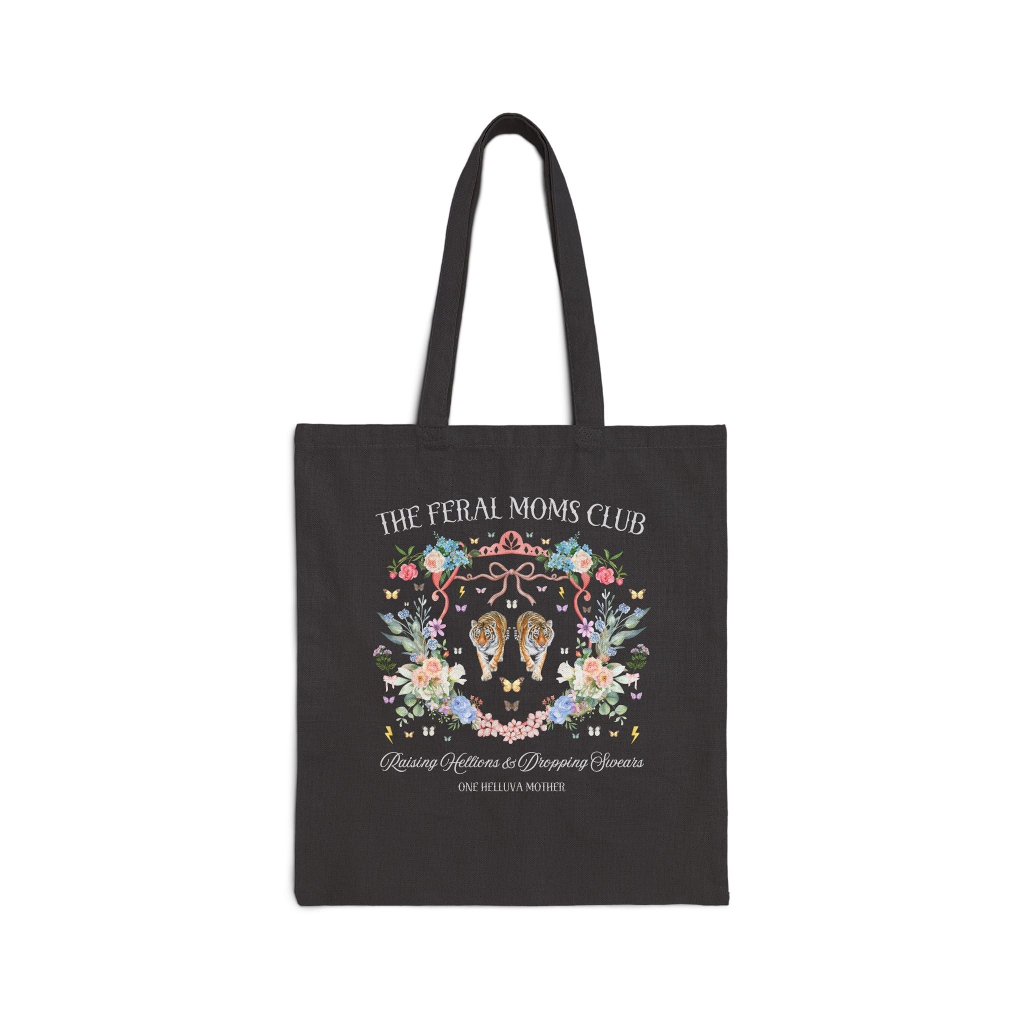 Feral Moms Club: Funny Saying Vintage Botanical Tote Bag for Mother's Day, Trendy Floral Cottagecore Mama Tote with Tigers, Moms Who Swear - Opal and June