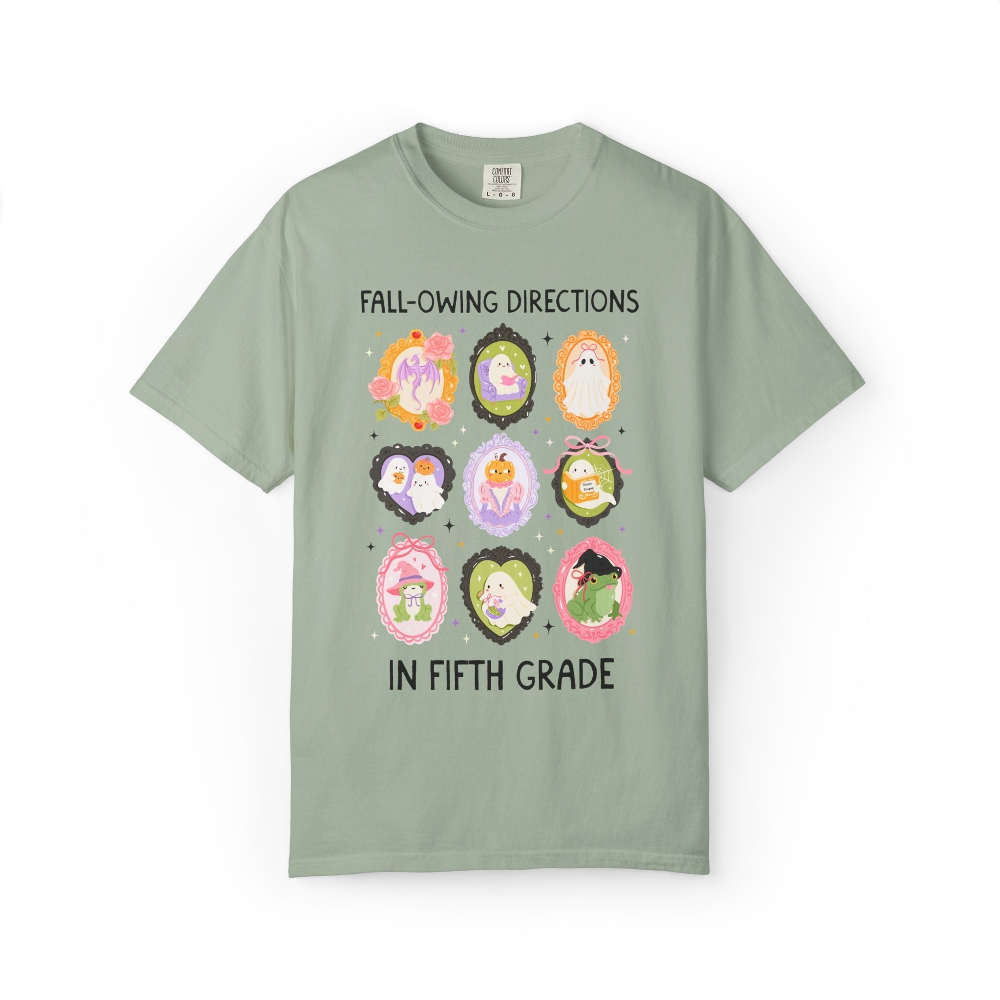 Fifth Grade Halloween Teacher Tee: Fall-Owing Directions Pastel Goth Teacher Team T-Shirt for Fall, Cute Spooky Season Frog Tee with Ghosts - Opal and June