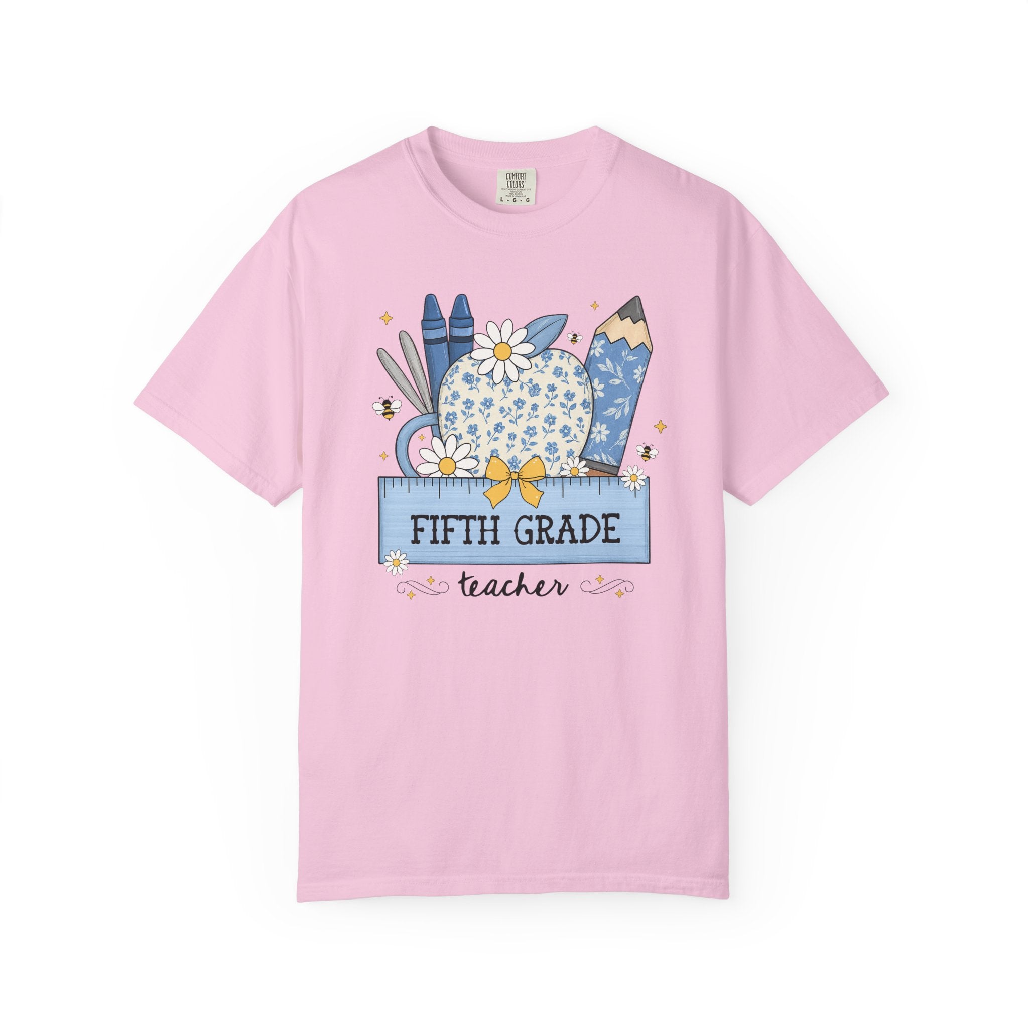 Fifth Grade Teacher Flower Tee Shirt with Floral Apple, Cute Cottagecore T-Shirt with Bees, Matching Fifth Grade Crew Back to School Tee - Opal and June