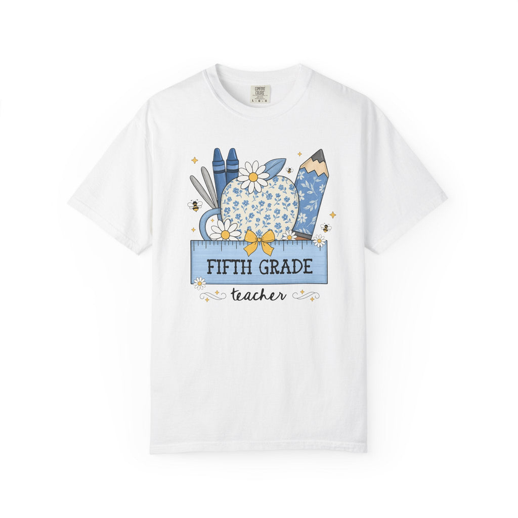 Fifth Grade Teacher Flower Tee Shirt with Floral Apple, Cute Cottagecore T-Shirt with Bees, Matching Fifth Grade Crew Back to School Tee - Opal and June