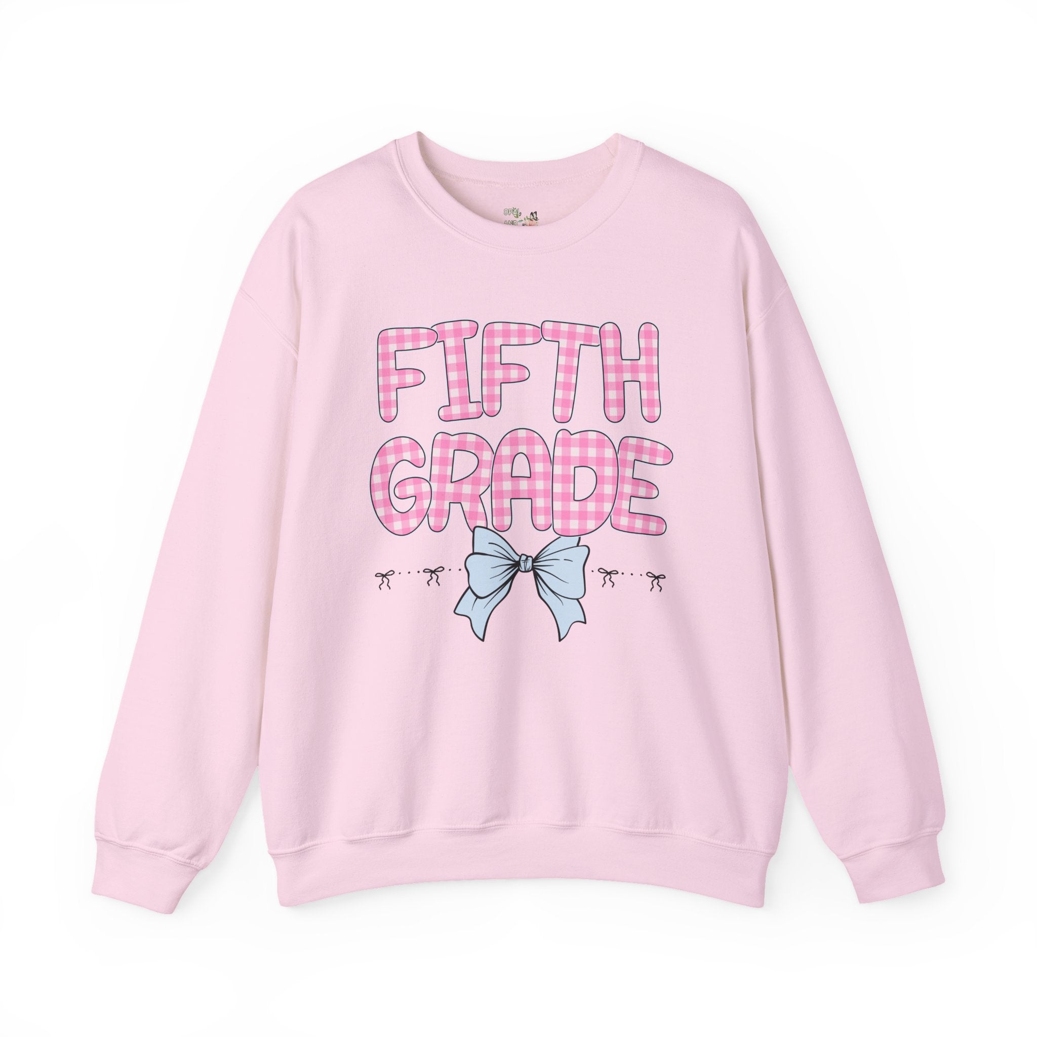 Fifth Grade Teacher Sweatshirt, Pink Gingham Letters, First Day of School, Back to School Matching Teacher Shirt with Bow, Soft Girl Style - Opal and June